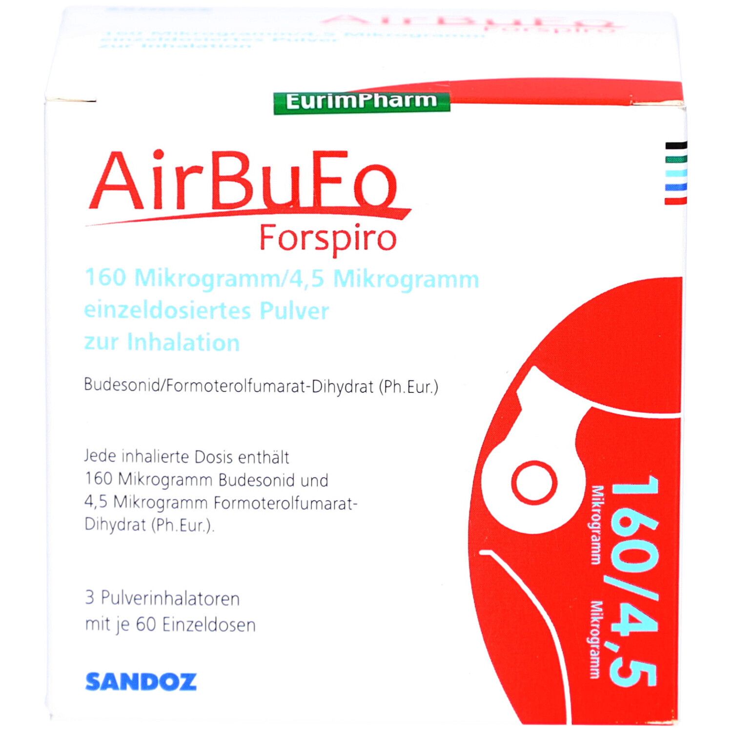 Karton mit Produktnamen AirBuFo Forspiro. Enthält 160 Mikrogramm/4,5 Mikrogramm einzeldosiertes Pulver zur Inhalation. Sandoz-Logo.