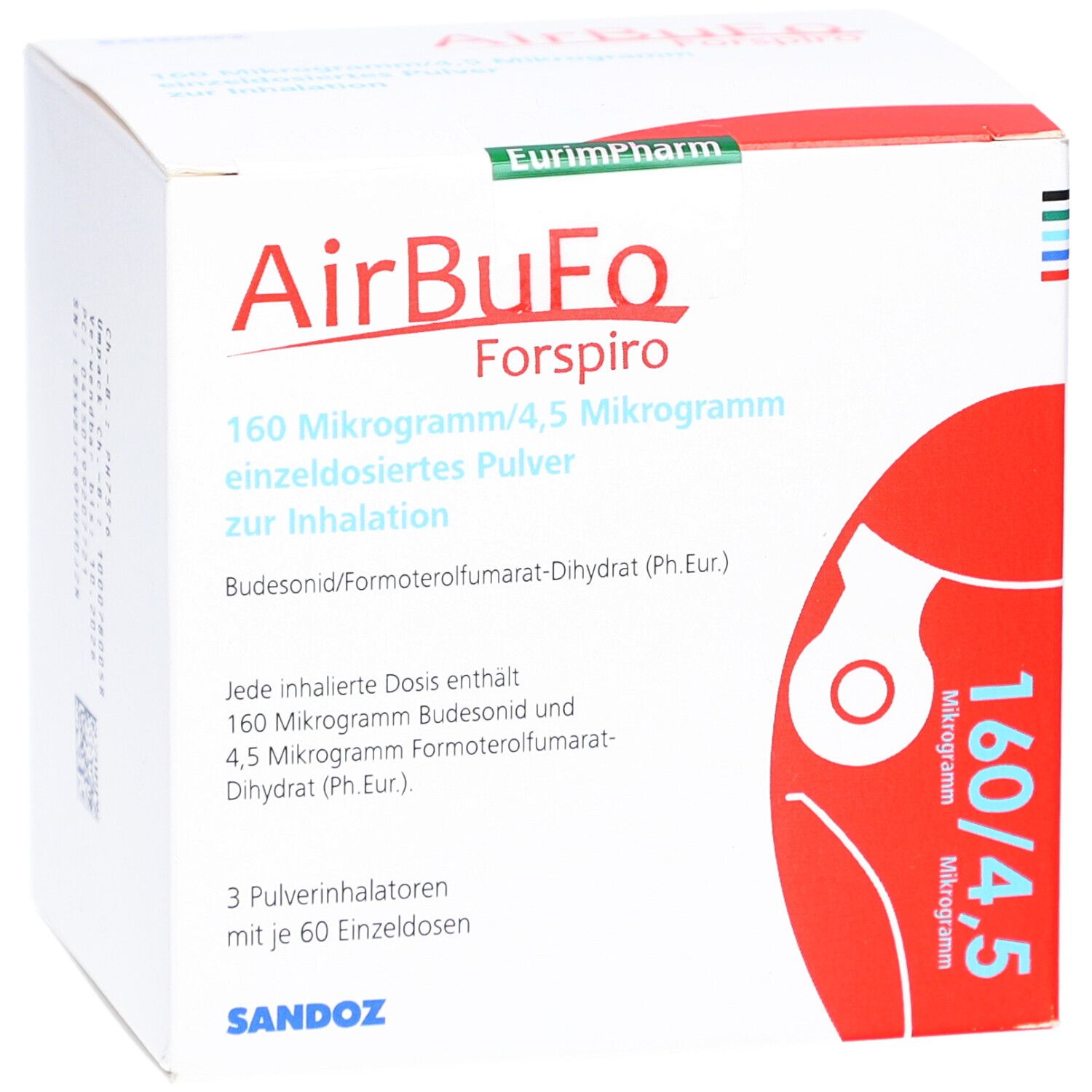 Karton mit Produktnamen AirBuFo Forspiro. Enthält 160 Mikrogramm/4,5 Mikrogramm einzeldosiertes Pulver zur Inhalation. Sandoz-Logo.