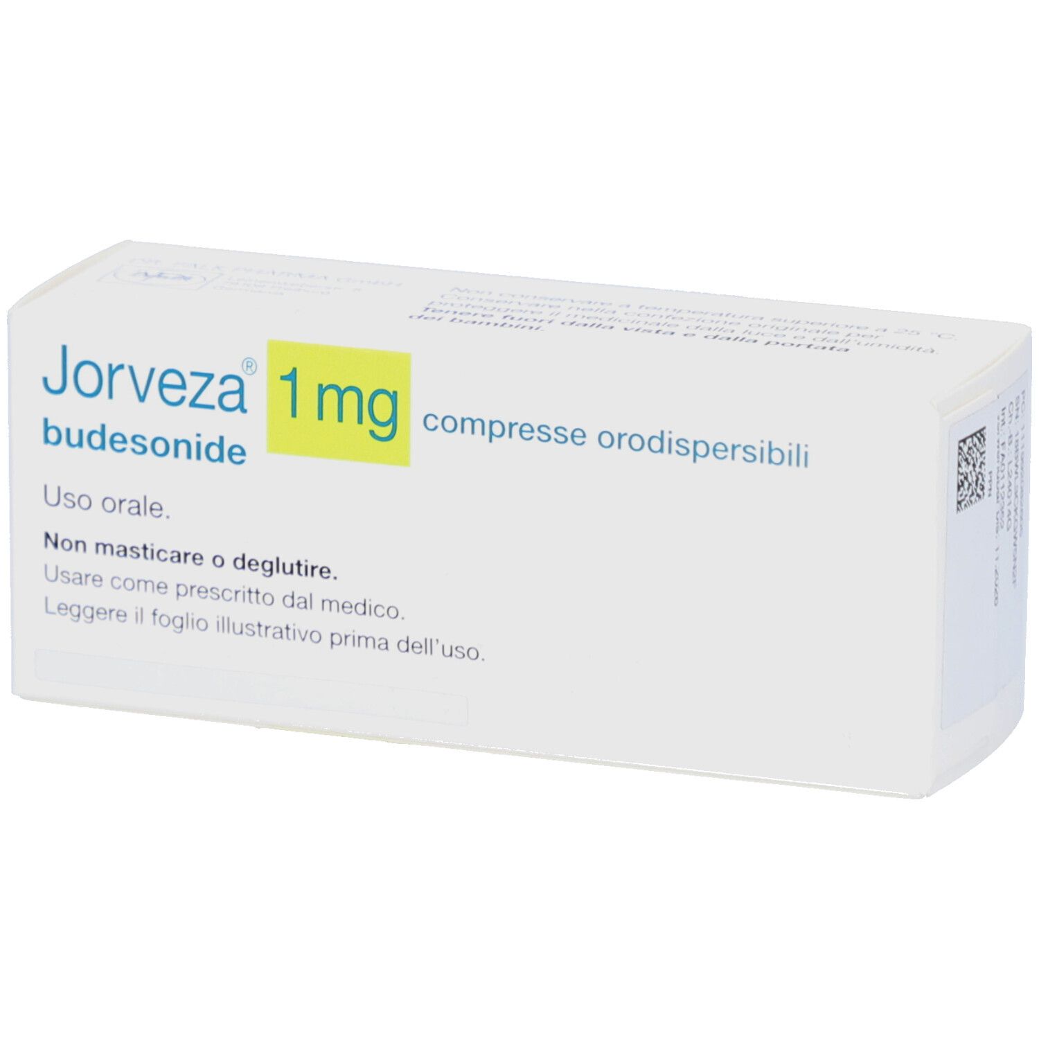 Weiße Schachtel mit Aufschrift JORVEZA 1 mg, Budesonid. Italienischer Text: compresse orodispersibili, Uso orale.