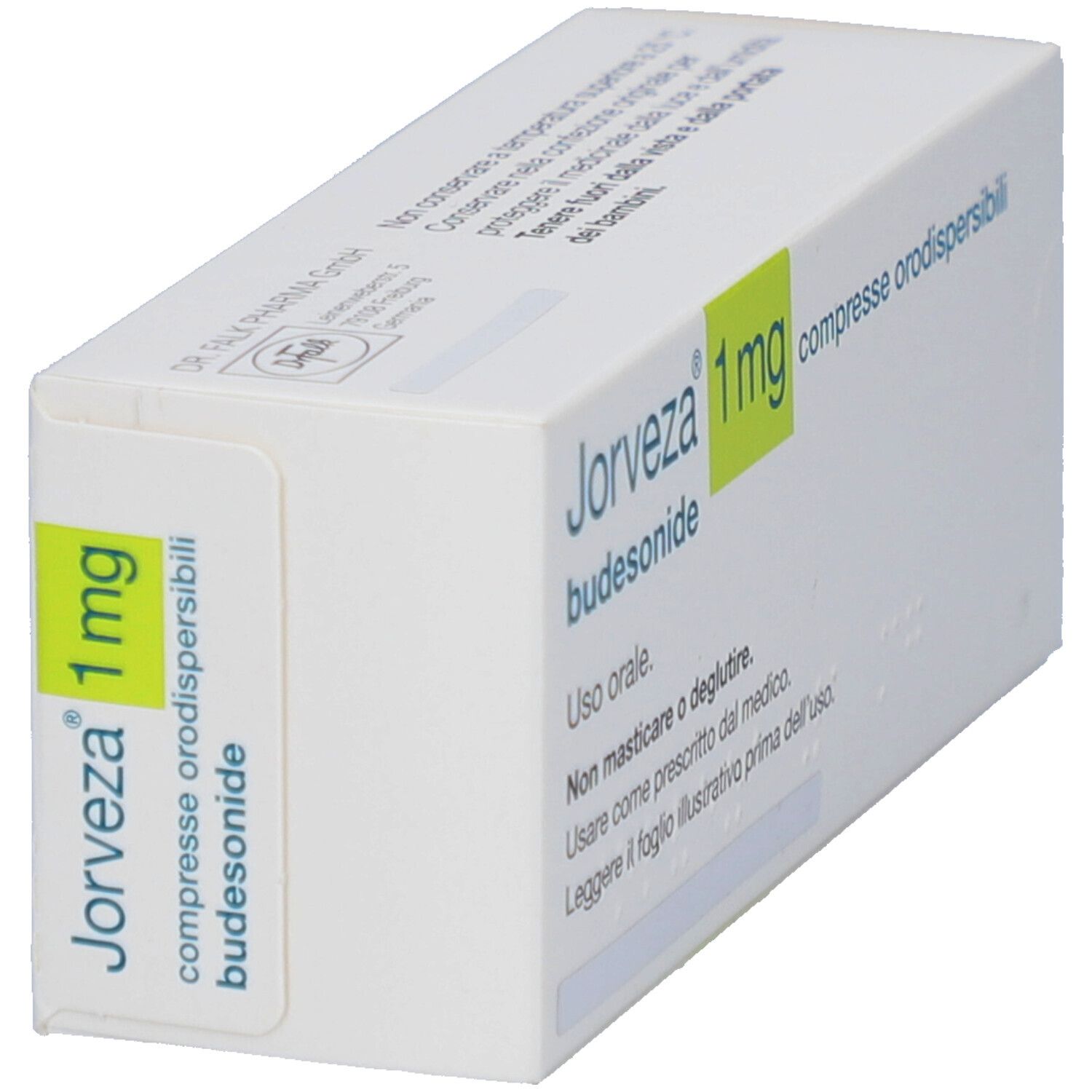 Schachtel JORVEZA 1 mg, Budesonid. Aufschrift: compresse orodispersibili. Italienischer Text: Uso orale, Non masticare o deglutire.