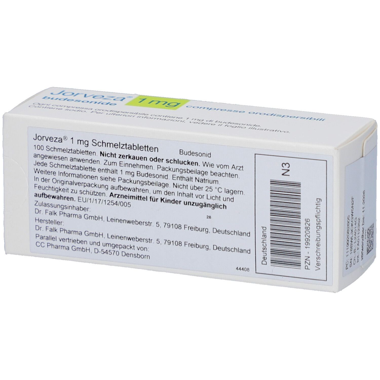 Weiße Schachtel JORVEZA 1 mg Schmelztabletten. Text: 100 Schmelztabletten. Rückseite mit Text und Barcode. Herstellerinformationen.