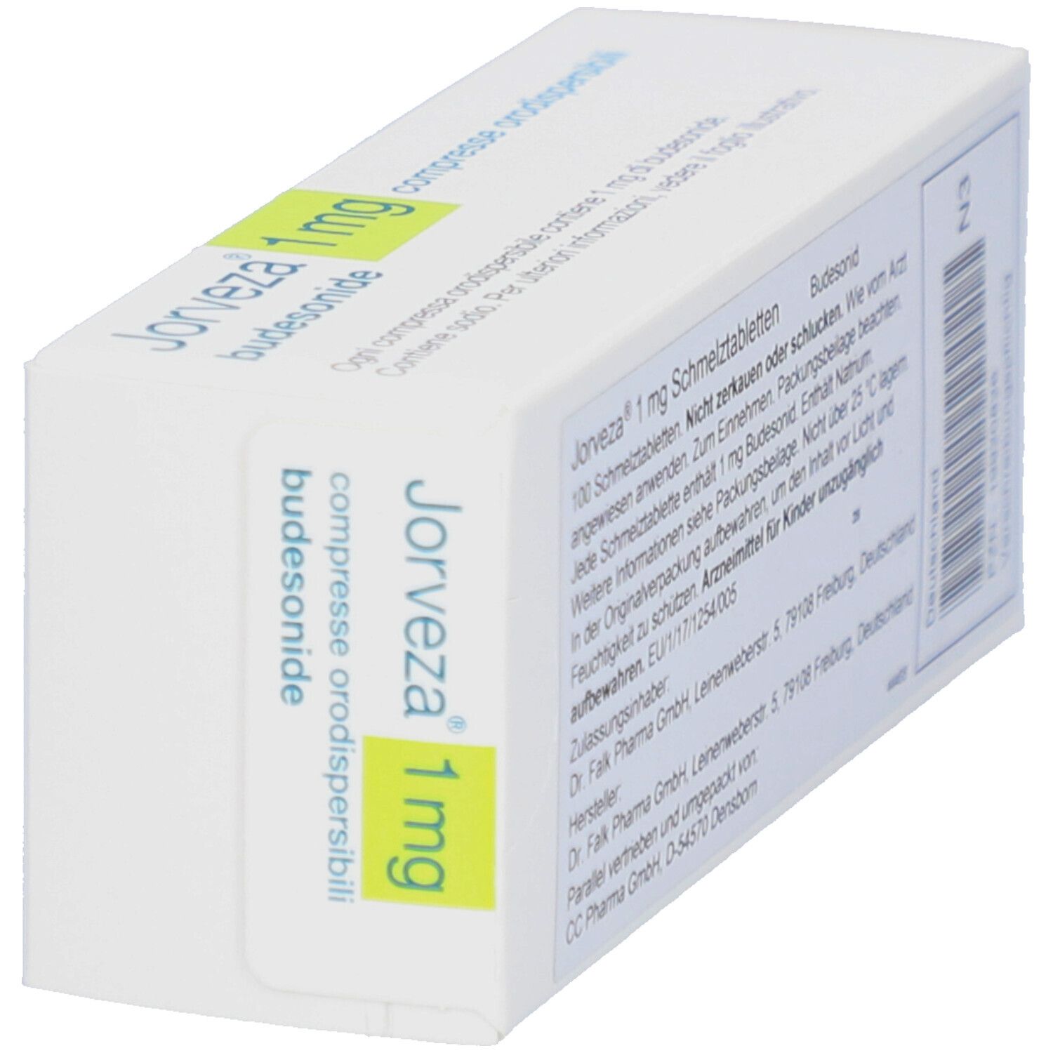 Schachtel JORVEZA 1 mg Schmelztabletten. Text: compresse orodispersibili, Budesonid. Rückseite mit Text und Barcode.