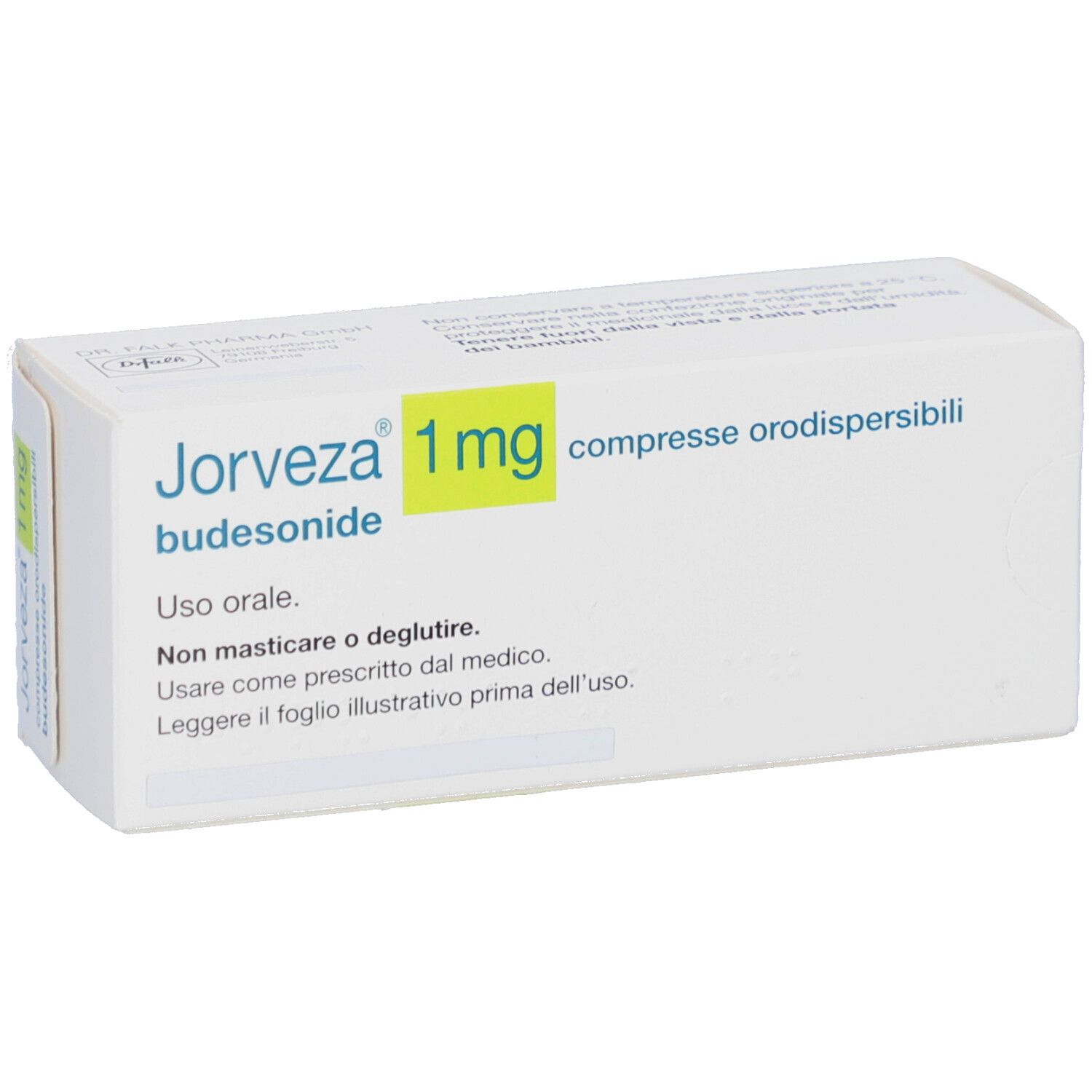 Weiße Schachtel JORVEZA 1 mg, Budesonid. Italienischer Text: compresse orodispersibili, Uso orale, Non masticare o deglutire.