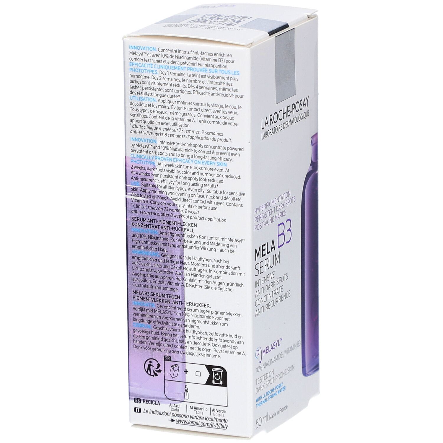 Rückseite der La Roche-Posay Mela B3 Serum-Verpackung. Textinformationen und Produktabbildung. Enthält Melasyl und Niacinamid.