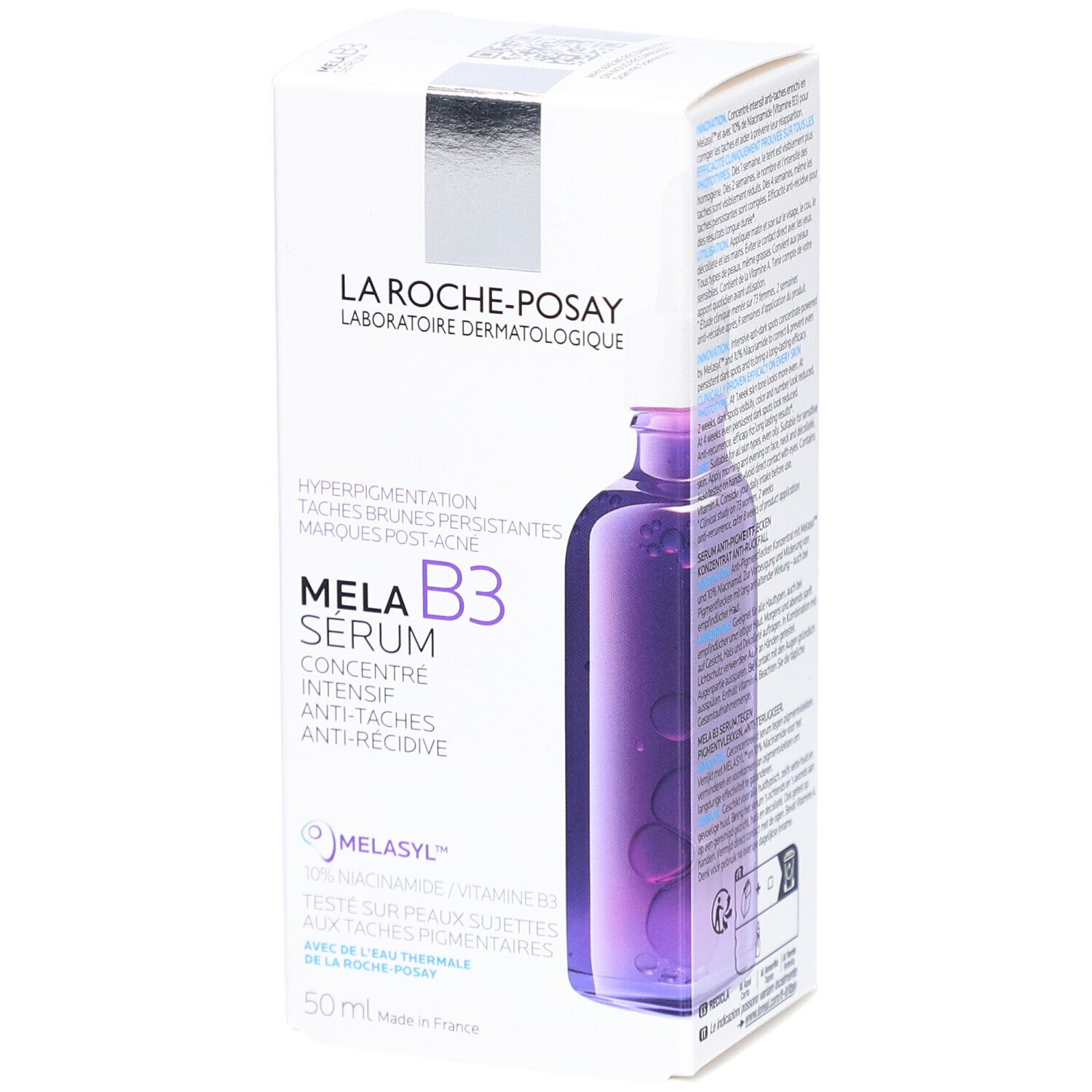 La Roche-Posay Mela B3 Serum-Verpackung. Flasche mit Serum und Karton mit Produktinformationen. Enthält Melasyl und Niacinamid.