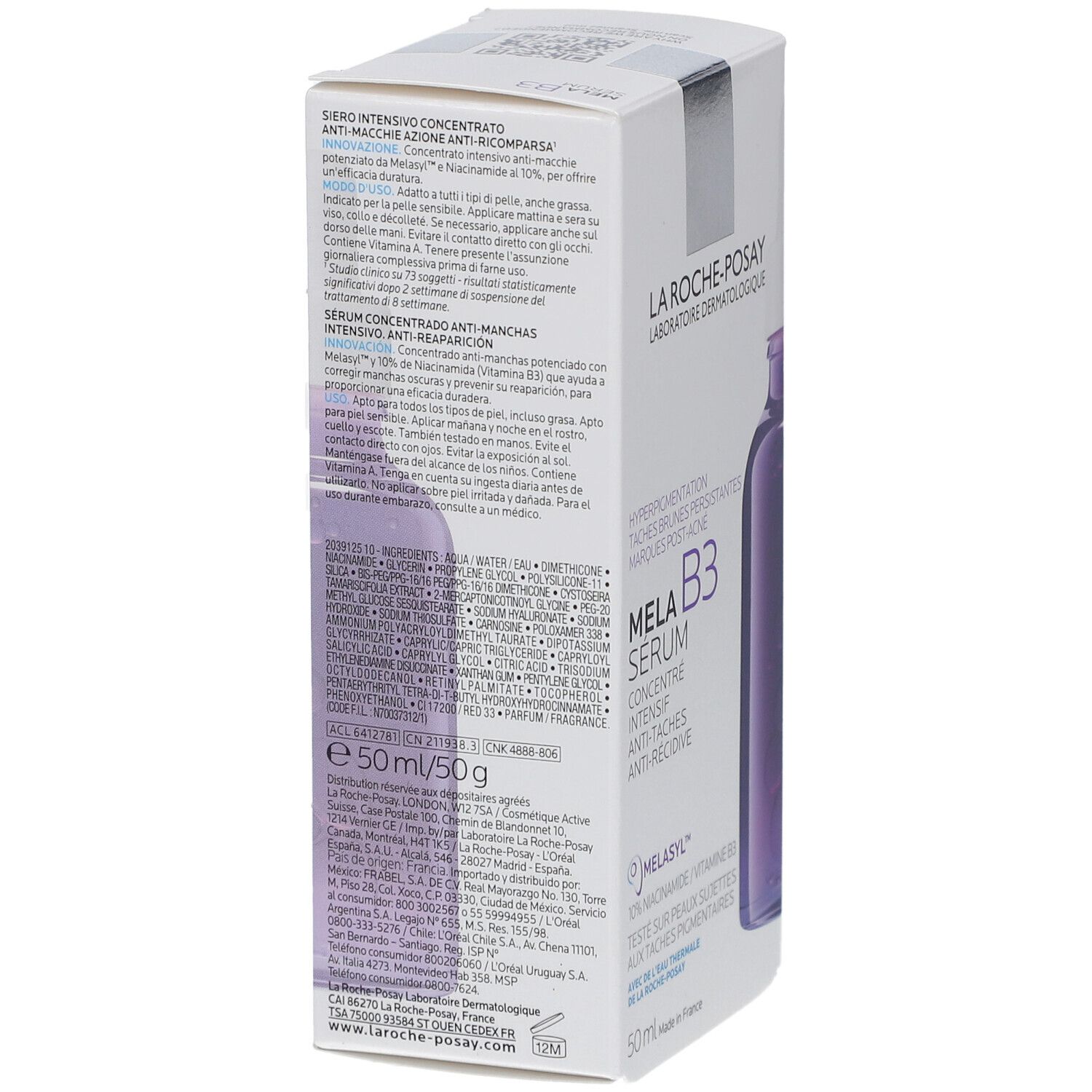 Rückseite der La Roche-Posay Mela B3 Serum-Verpackung. Textinformationen und Produktabbildung. Enthält Melasyl und Niacinamid.
