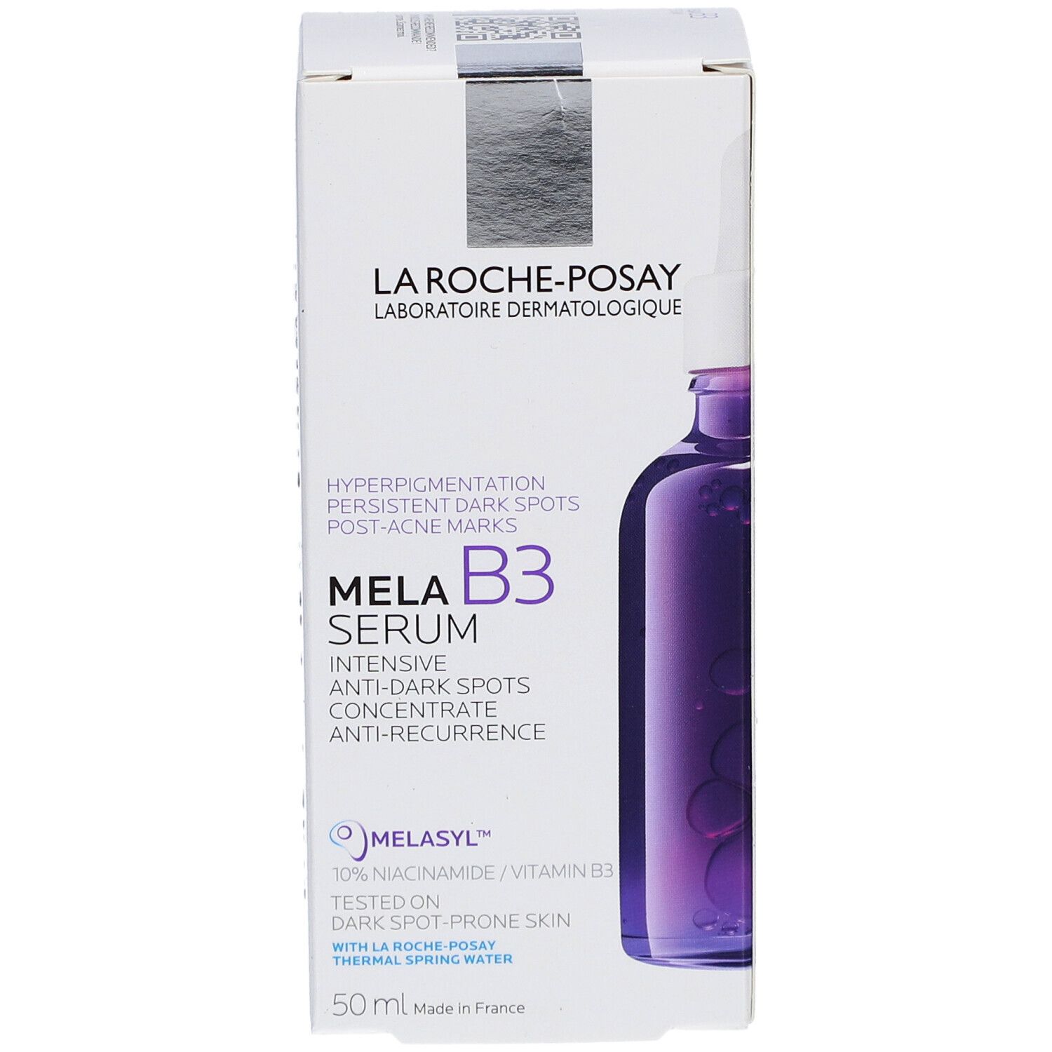 La Roche-Posay Mela B3 Serum-Verpackung. Flasche mit Serum und Karton mit Produktinformationen. Enthält Melasyl und Niacinamid.