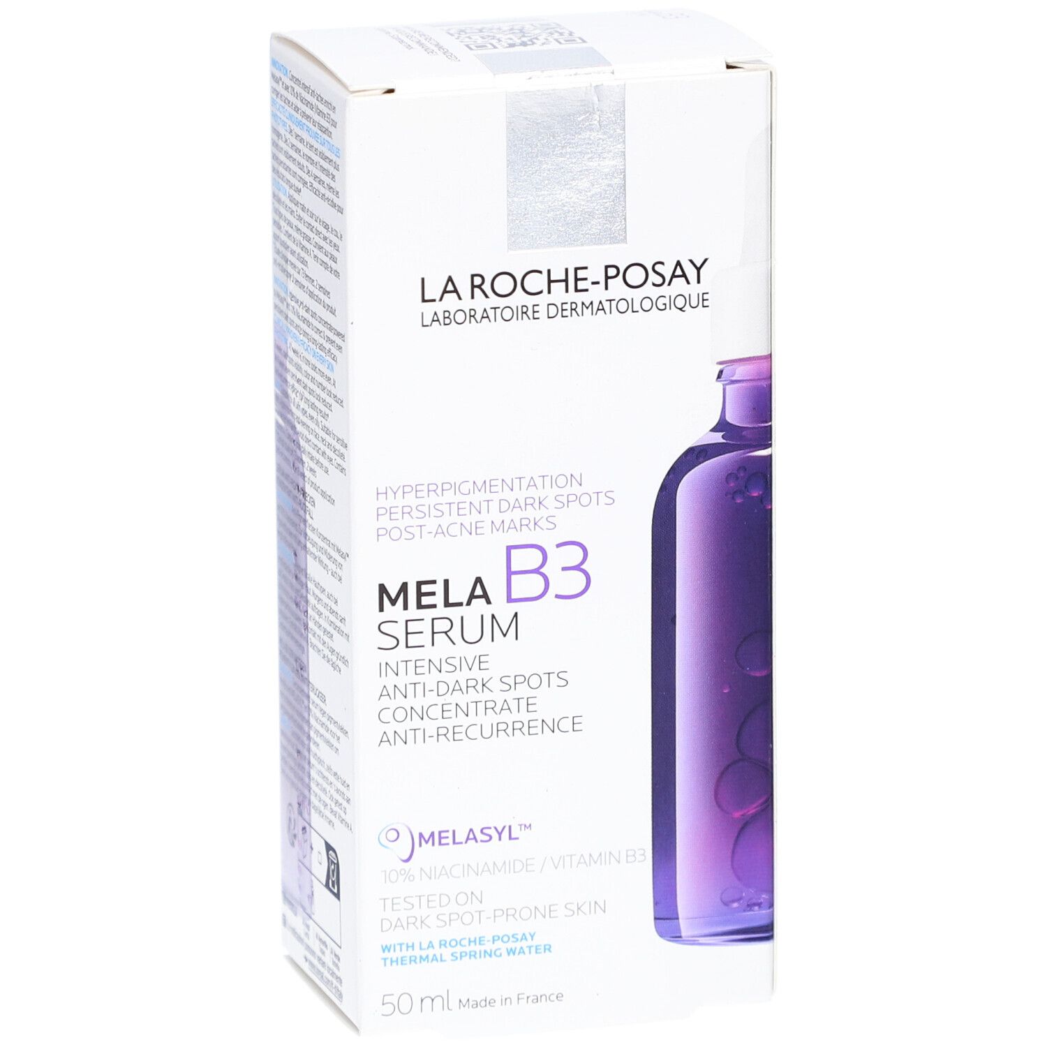 La Roche-Posay Mela B3 Serum-Verpackung. Flasche mit Serum und Karton mit Produktinformationen. Enthält Melasyl und Niacinamid.