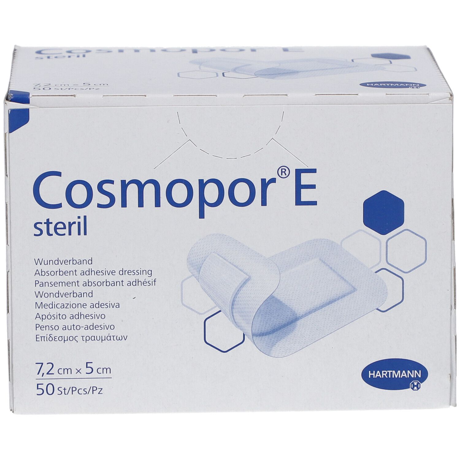 Verpackung von Cosmopor E steril Wundverband. Aufschrift: 7,2 cm x 5 cm, 50 St/Pz. Hartmann Logo. Gezeigt ist ein geöffneter Verband.