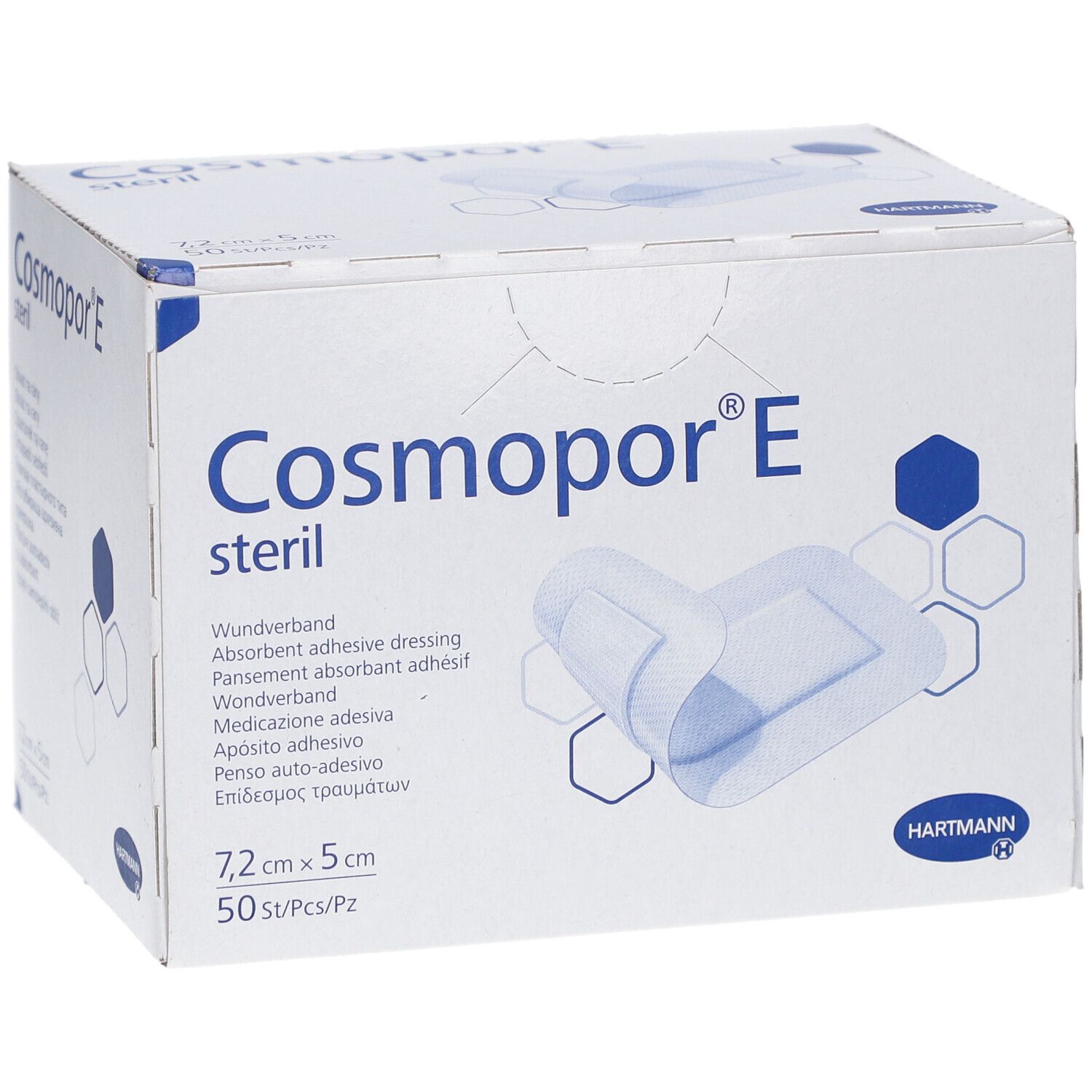 Verpackung von Cosmopor E steril Wundverband. Aufschrift: 7,2 cm x 5 cm, 50 St/Pz. Hartmann Logo. Gezeigt ist ein geöffneter Verband.