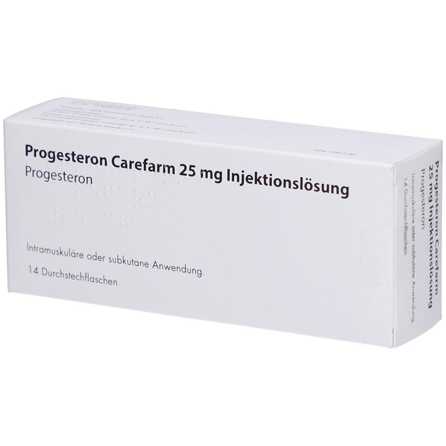 Weiße Schachtel mit Aufschrift: Progesteron Carefarm 25 mg Injektionslsg. 14 Durchstechflaschen. Intramuskuläre oder subkutane Anwendung.