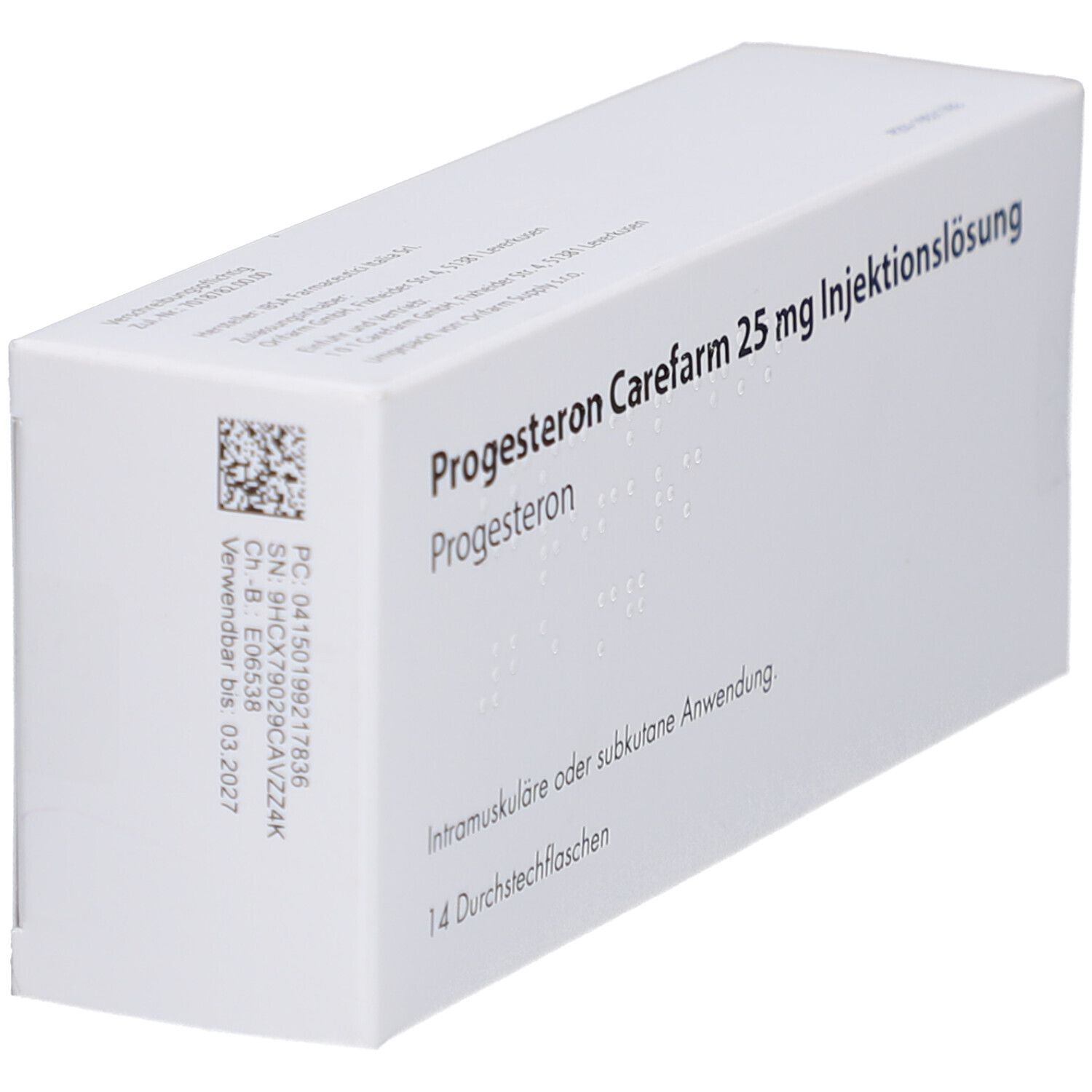Weiße Schachtel mit Aufschrift: Progesteron Carefarm 25 mg Injektionslsg. Barcode und Verfallsdatum. Intramuskuläre oder subkutane Anwendung.