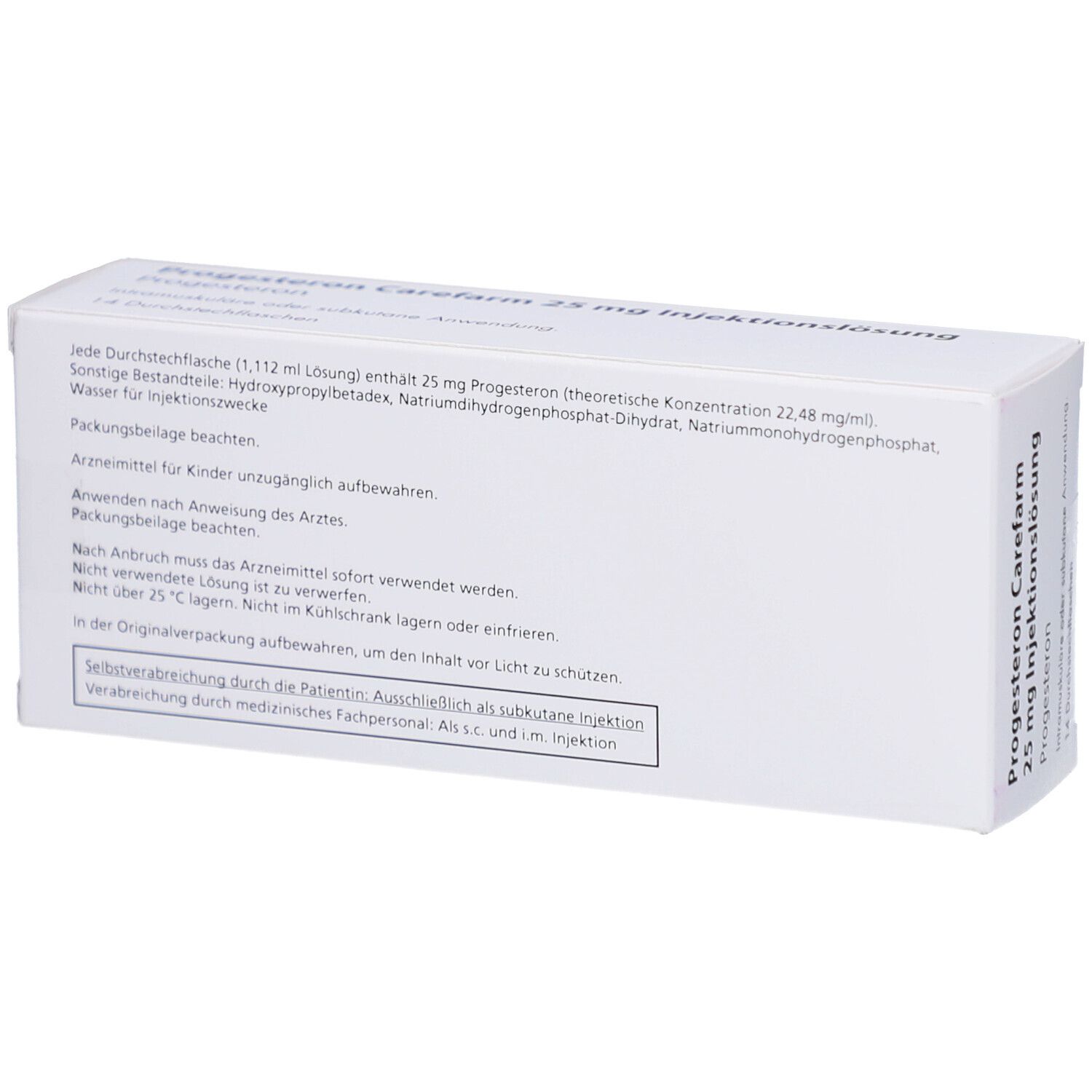 Weiße Schachtel mit Text: Progesteron Carefarm 25 mg Injektionslsg. Enthält 25 mg Progesteron. Hinweise zur Anwendung und Lagerung.
