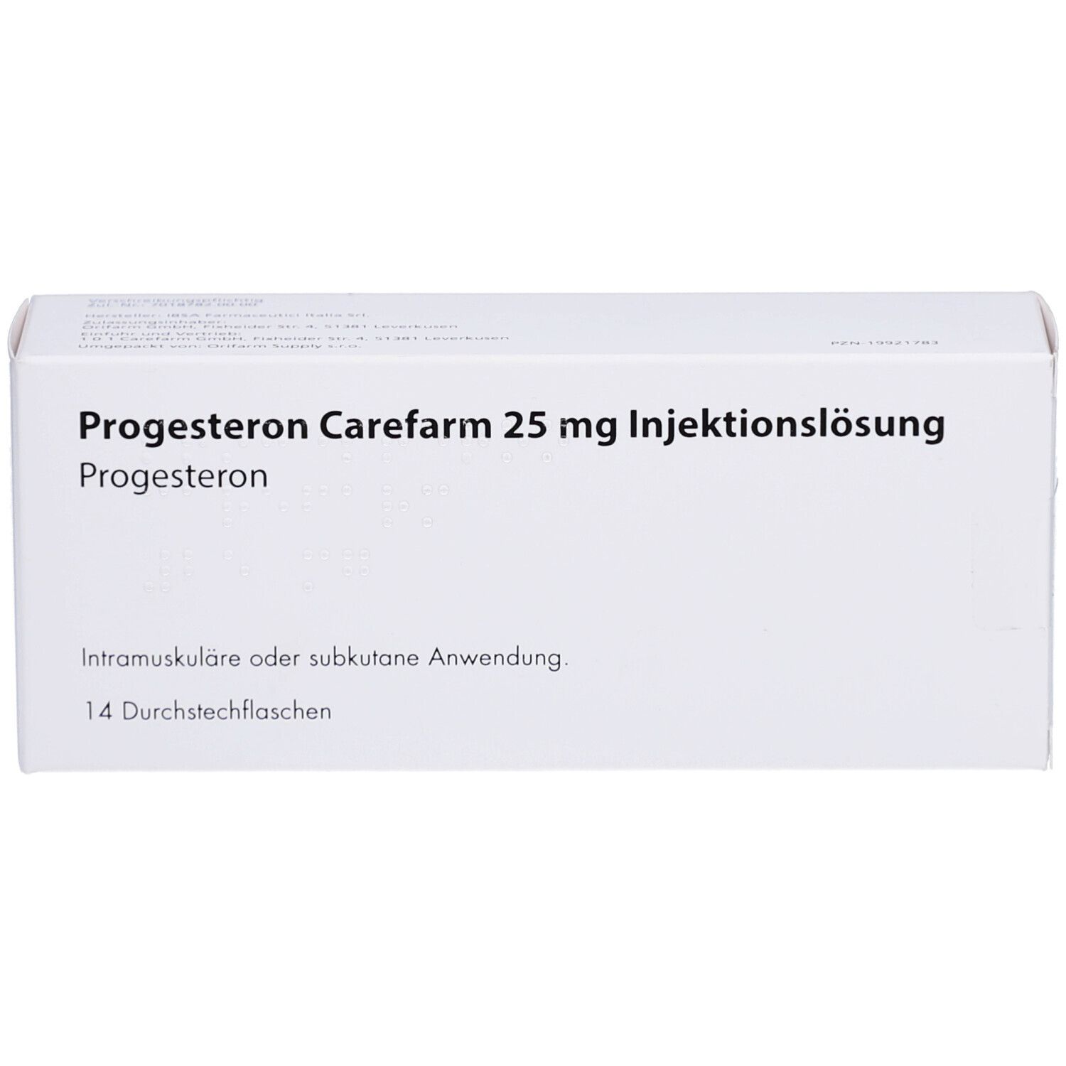 Weiße Schachtel mit Aufschrift: Progesteron Carefarm 25 mg Injektionslsg. 14 Durchstechflaschen. Intramuskuläre oder subkutane Anwendung.