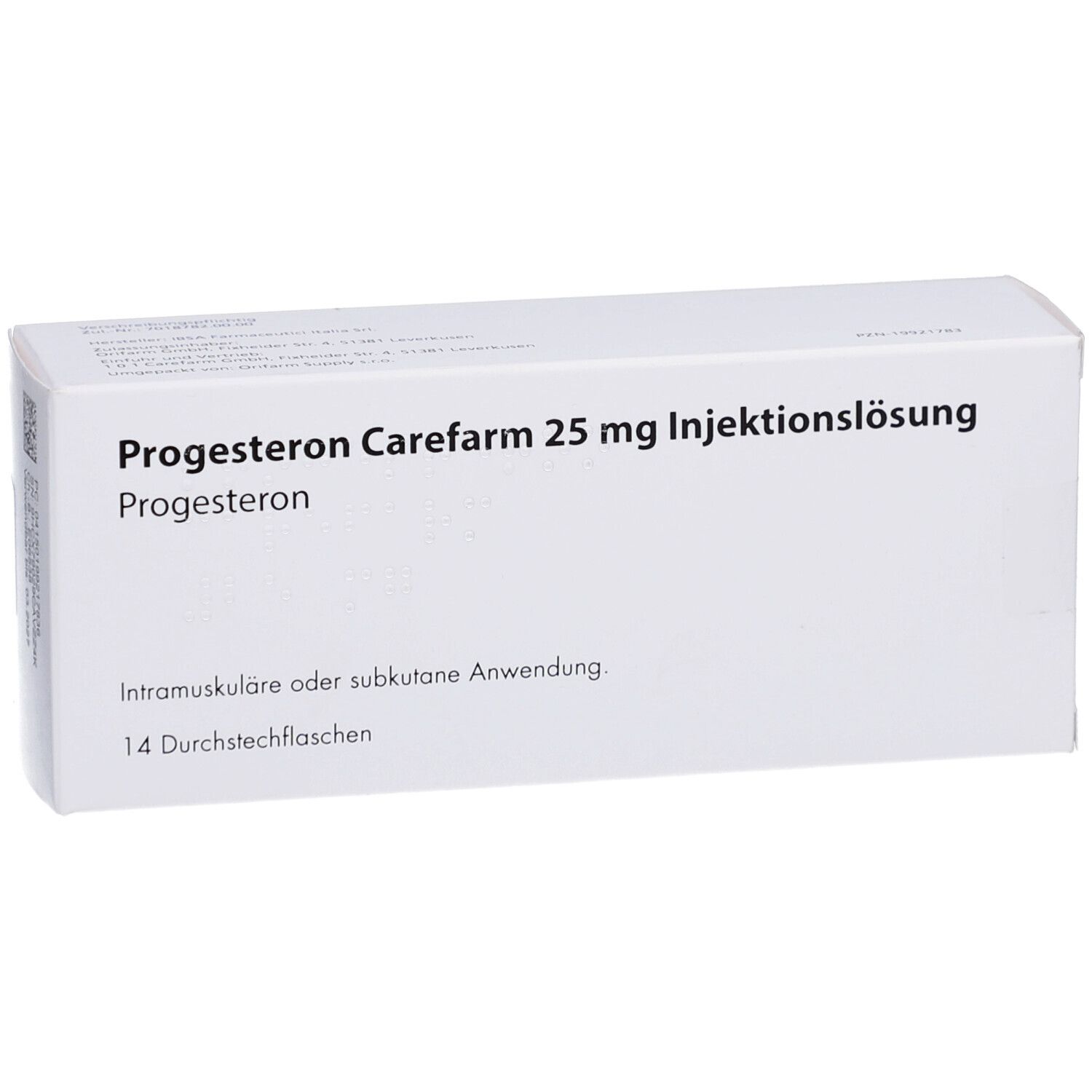 Weiße Schachtel mit Aufschrift: Progesteron Carefarm 25 mg Injektionslsg. 14 Durchstechflaschen. Intramuskuläre oder subkutane Anwendung.