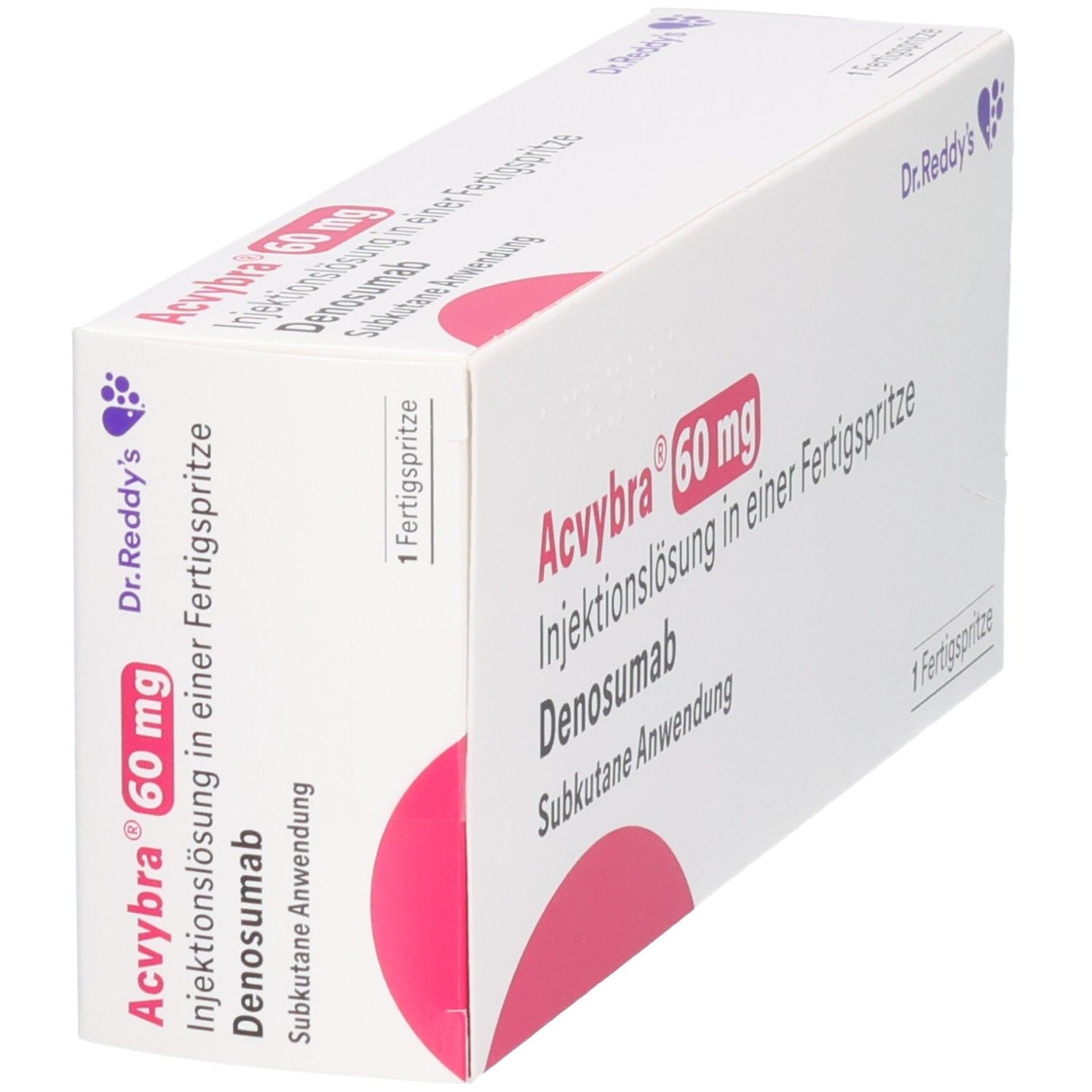Schräg gestellte Verpackung von ACVYBRA 60 mg. Aufschrift: Injektionslösung in Fertigspritze, Denosumab, subkutane Anwendung. Dr. Reddy's Logo.