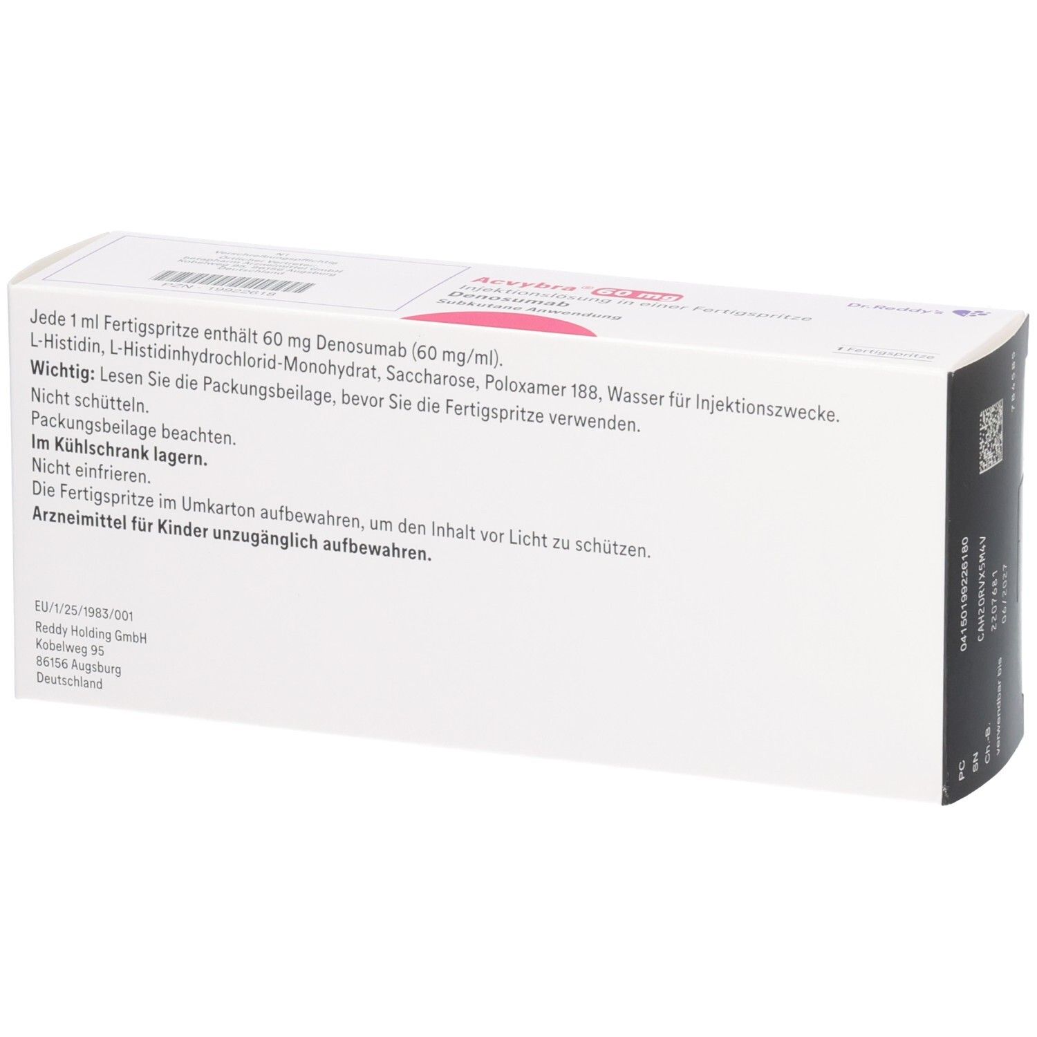 Rückseite der Verpackung von ACVYBRA 60 mg. Enthält Informationen zur Zusammensetzung und Lagerung. Text in deutscher Sprache.