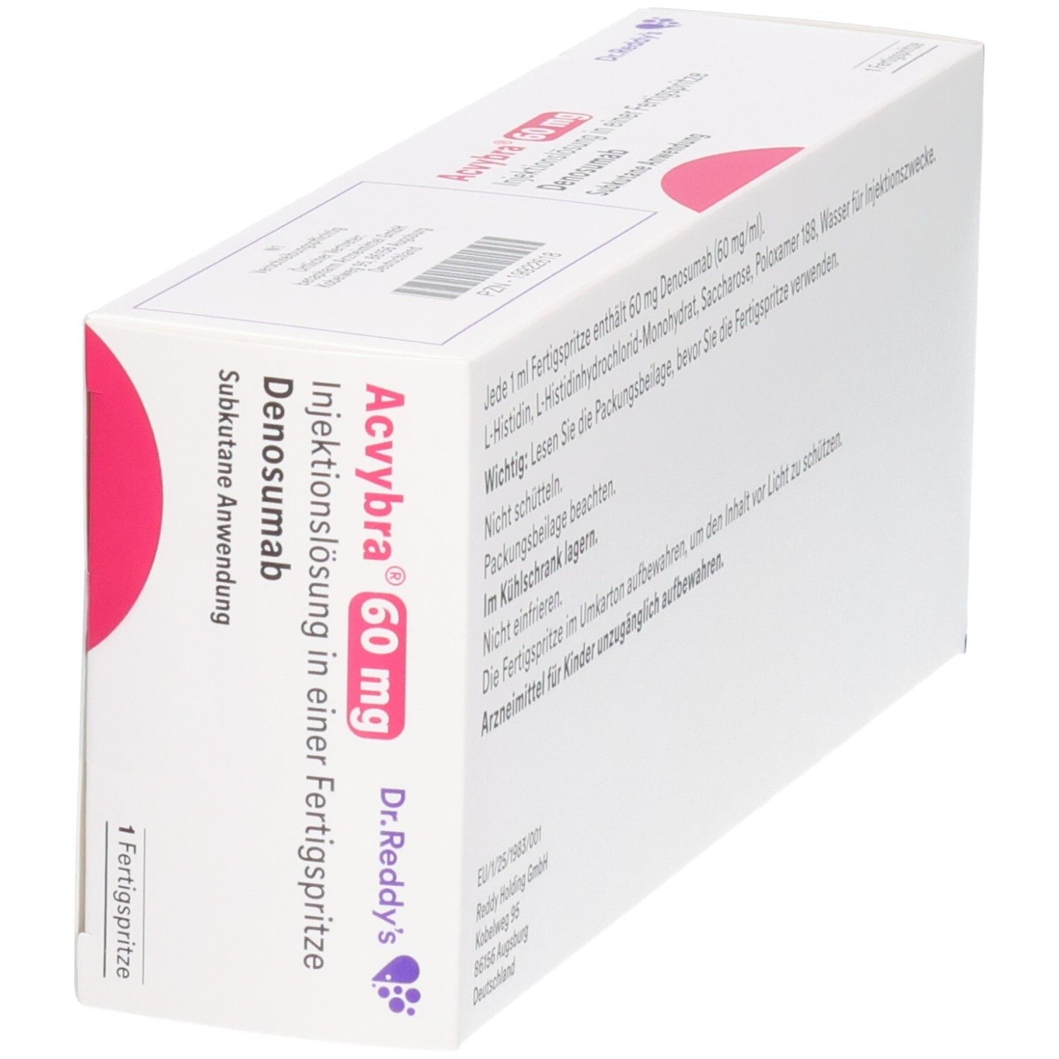 Schräg gestellte Verpackung von ACVYBRA 60 mg. Aufschrift: Injektionslösung in Fertigspritze, Denosumab, subkutane Anwendung. Dr. Reddy's Logo.