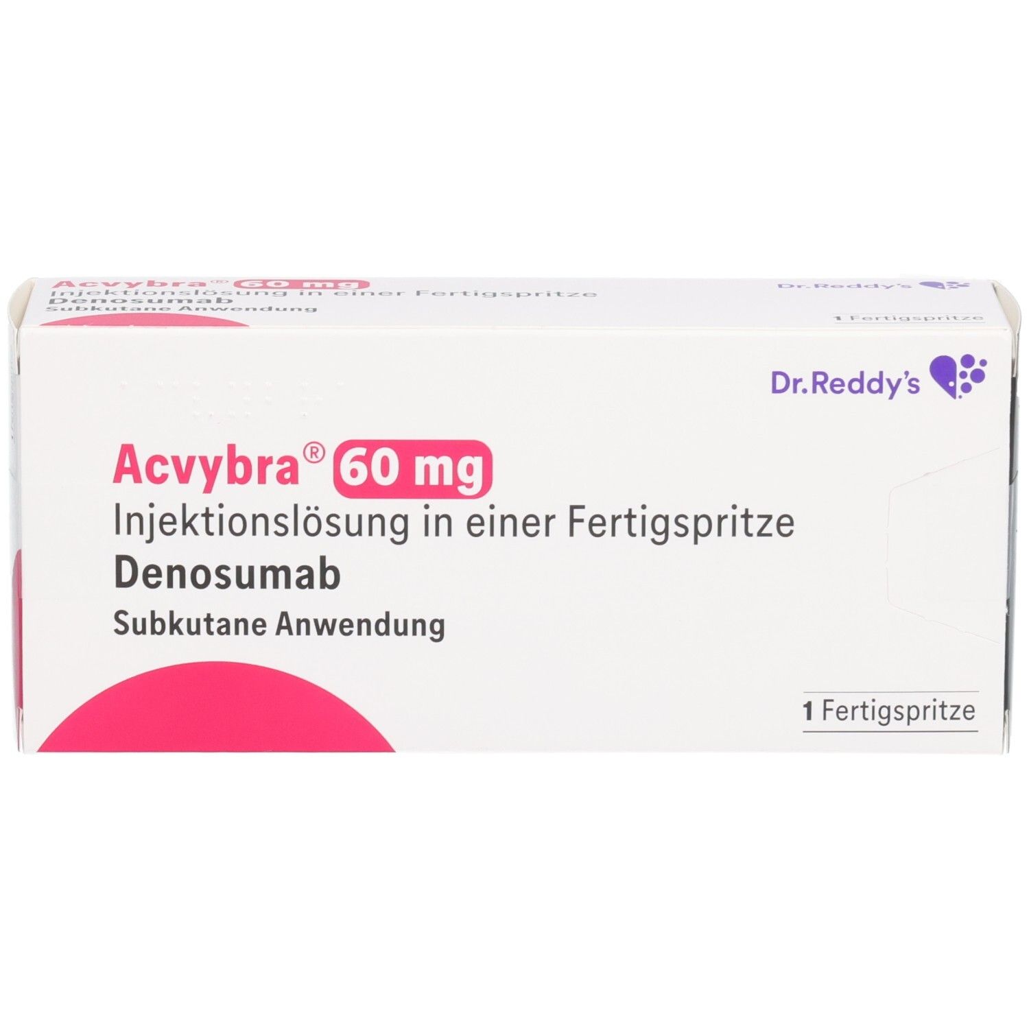 Verpackung von ACVYBRA 60 mg. Aufschrift: Injektionslösung in Fertigspritze, Denosumab, subkutane Anwendung. Dr. Reddy's Logo.