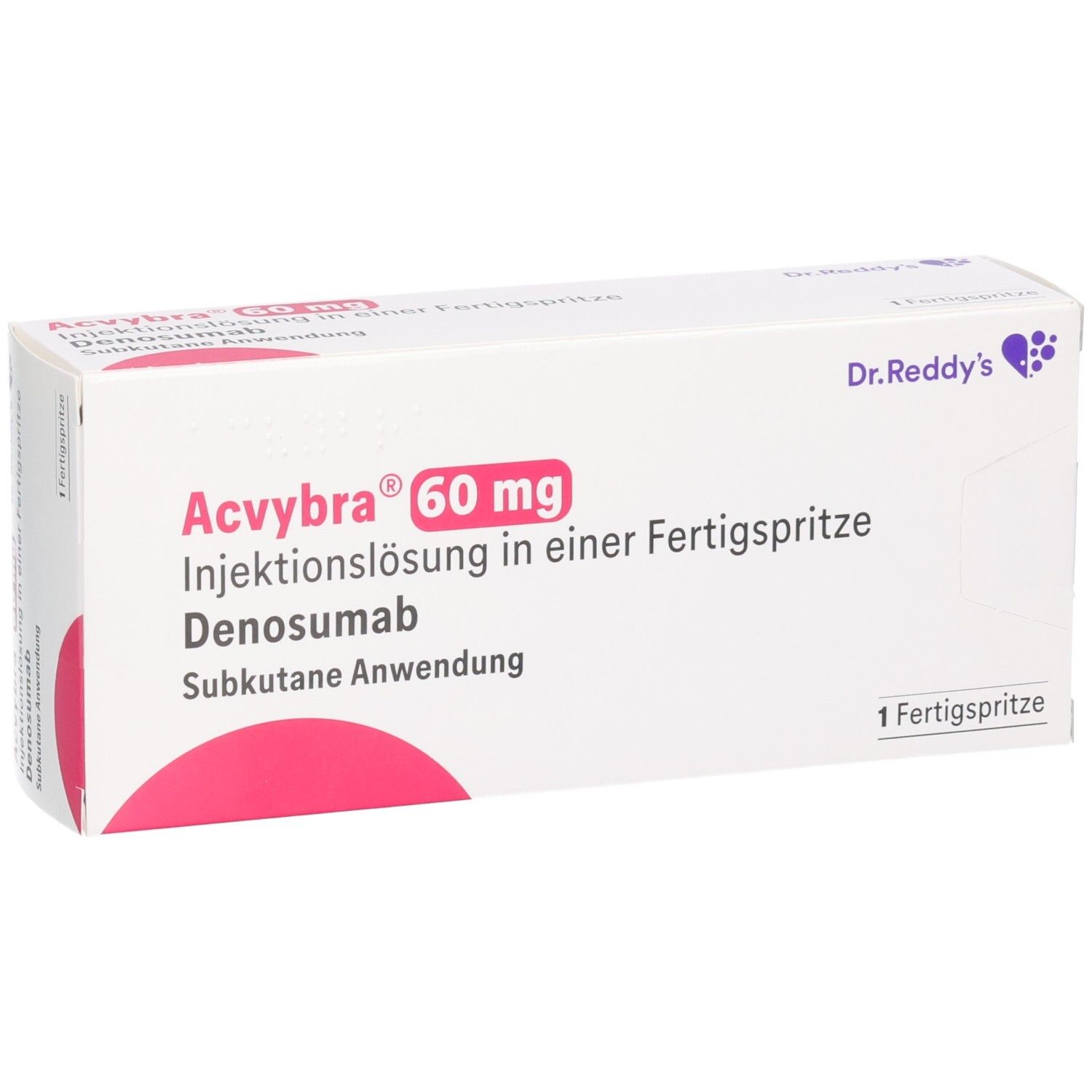 Verpackung von ACVYBRA 60 mg. Aufschrift: Injektionslösung in Fertigspritze, Denosumab, subkutane Anwendung. Dr. Reddy's Logo.