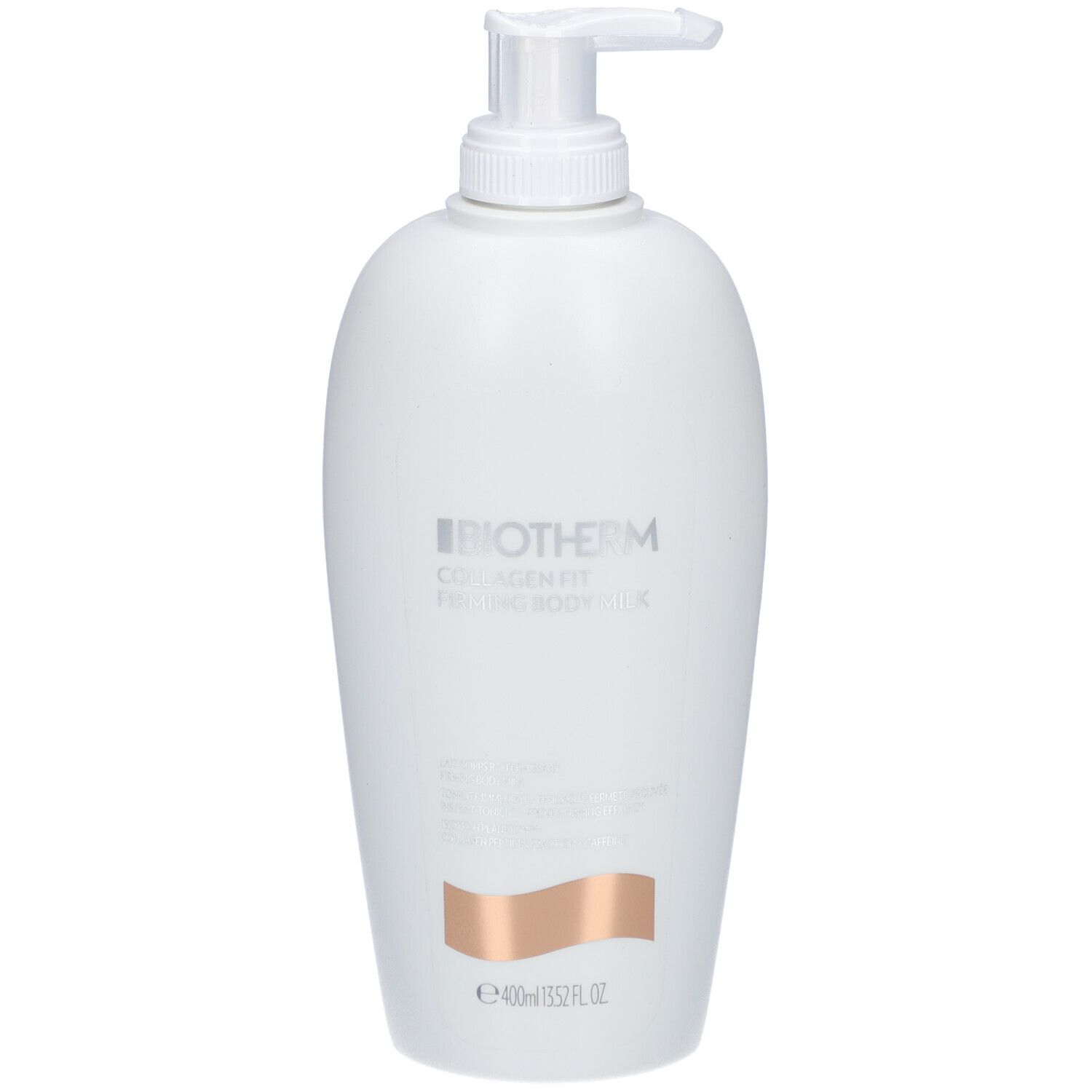 Weiße Flasche mit Pumpe. BIOTHERM Collagen Fit Straffende Körpermilch. Text und Logo. Bronze-farbenes Rechteck. 400ml.