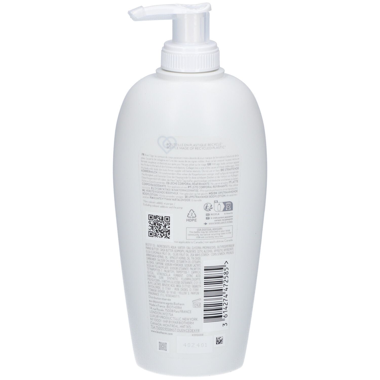 Rückseite der weißen Flasche mit Pumpe. Text, Logos und Barcode. Informationen und Symbole.
