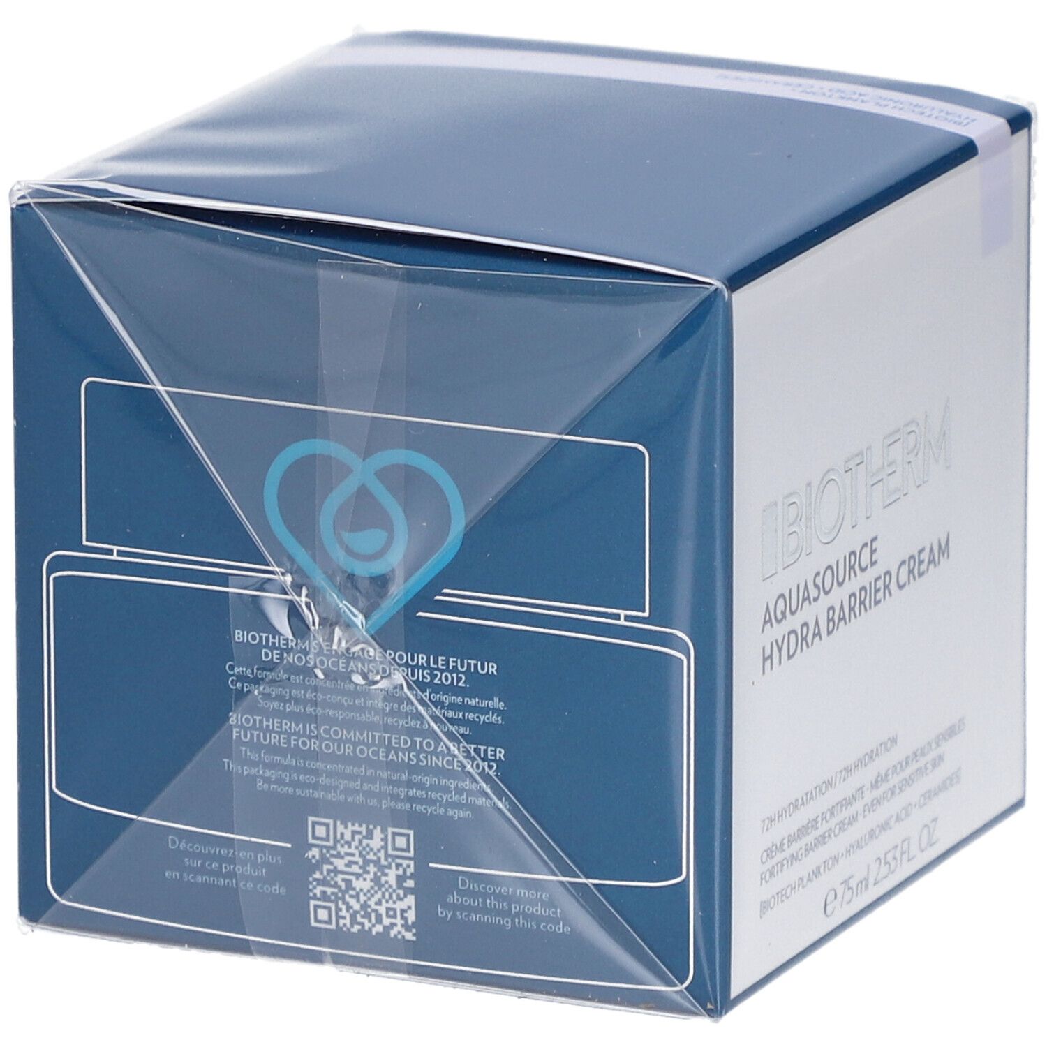 BIOTHERM Aquasource Hydra Barrier Cream. Verpackung, blau. QR-Code und Text auf der Seite. Logo mit Wassertropfen.