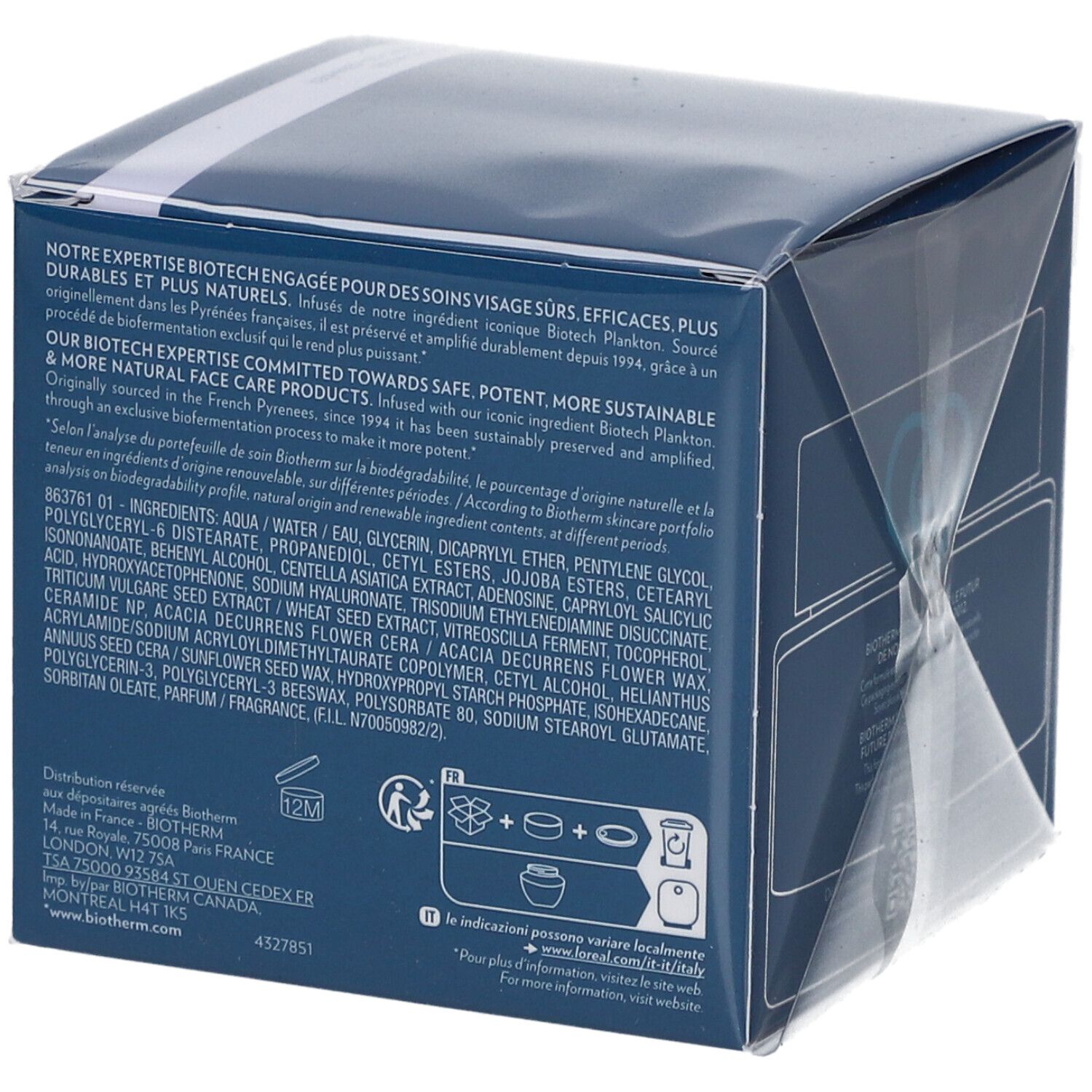 BIOTHERM Aquasource Hydra Barrier Cream. Verpackung, blau. Inhaltsstoffe und Text auf der Rückseite. 12M-Symbol.