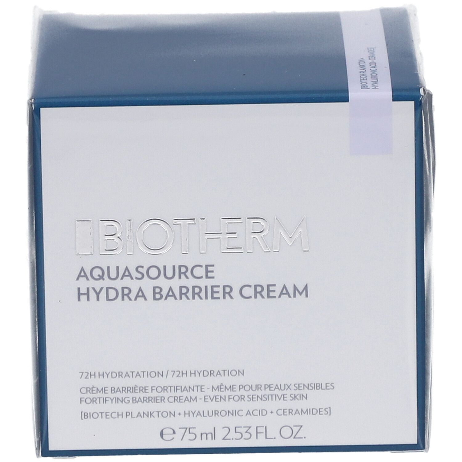 BIOTHERM Aquasource Hydra Barrier Cream. Verpackung, blau-weiß. Produktname und Informationen auf der Vorderseite.
