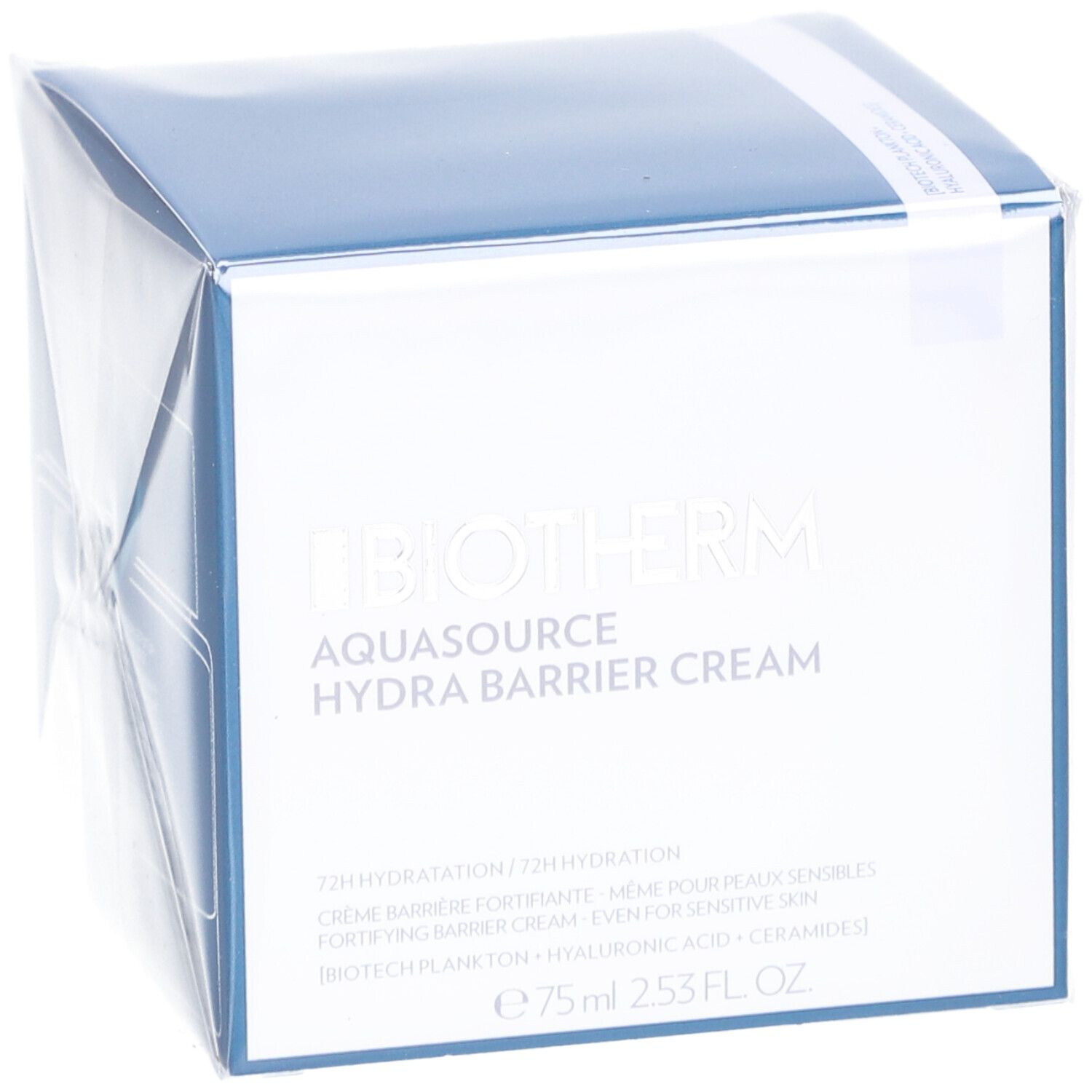 BIOTHERM Aquasource Hydra Barrier Cream. Verpackung, blau-weiß. Produktname und Informationen auf der Vorderseite.