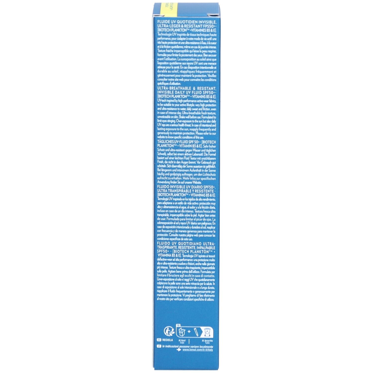 Blaue Schachtel, Seite. Text in mehreren Sprachen. Produktinformationen.