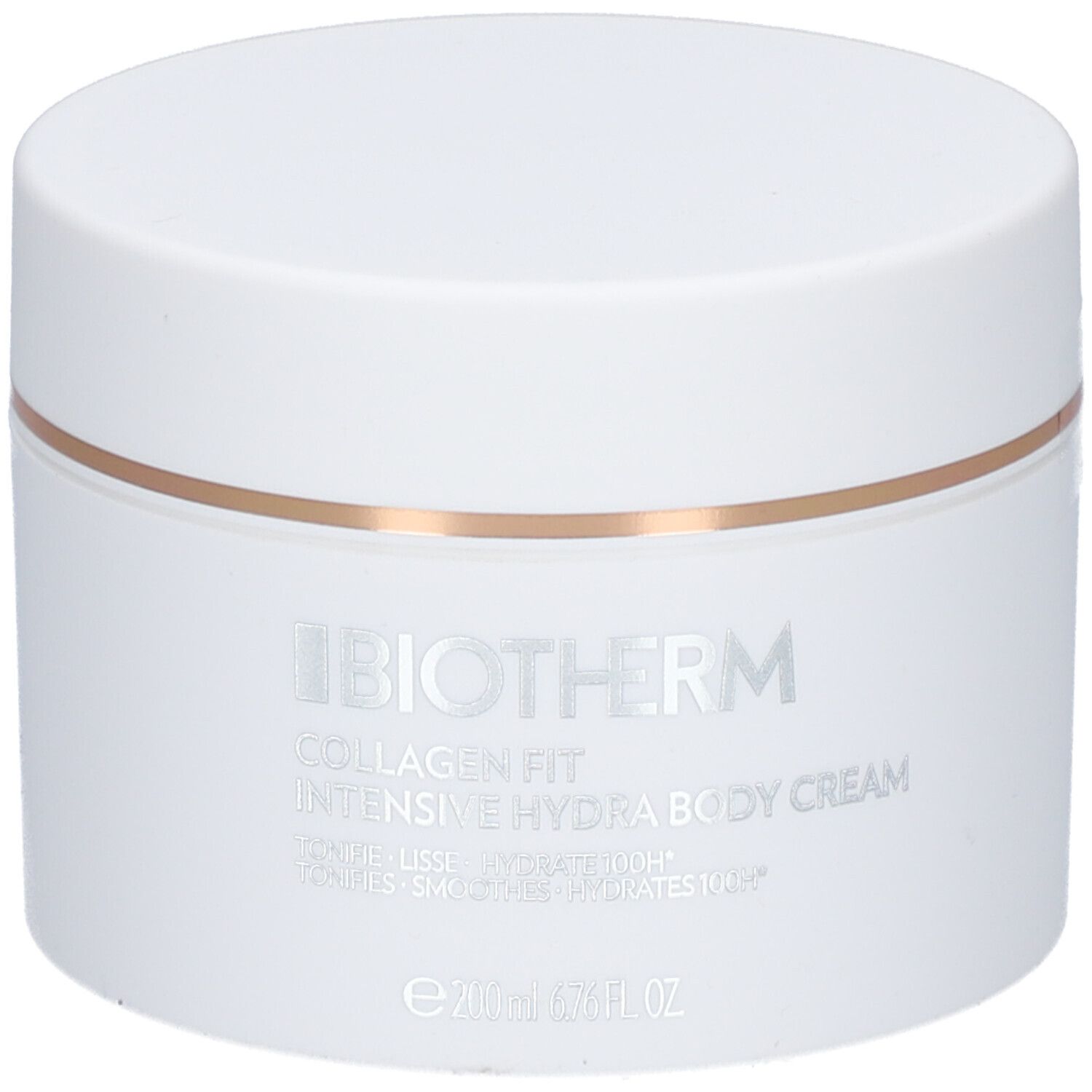 Weißer Tiegel mit BIOTHERM Collagen Fit Hydra Body Cream. Silberne Schrift, goldfarbener Ring.