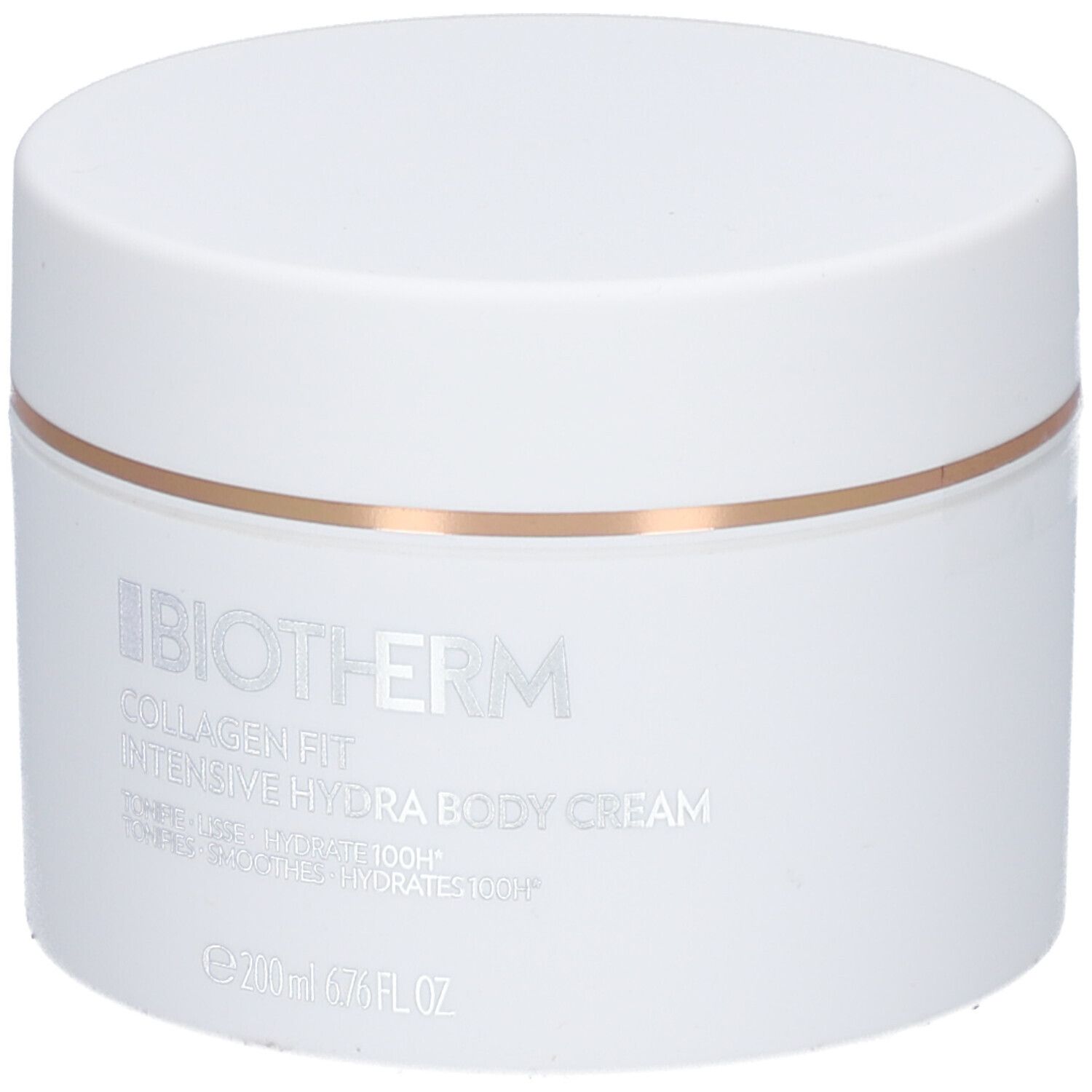 Weißer Tiegel mit BIOTHERM Collagen Fit Hydra Body Cream. Silberne Schrift, goldfarbener Ring.