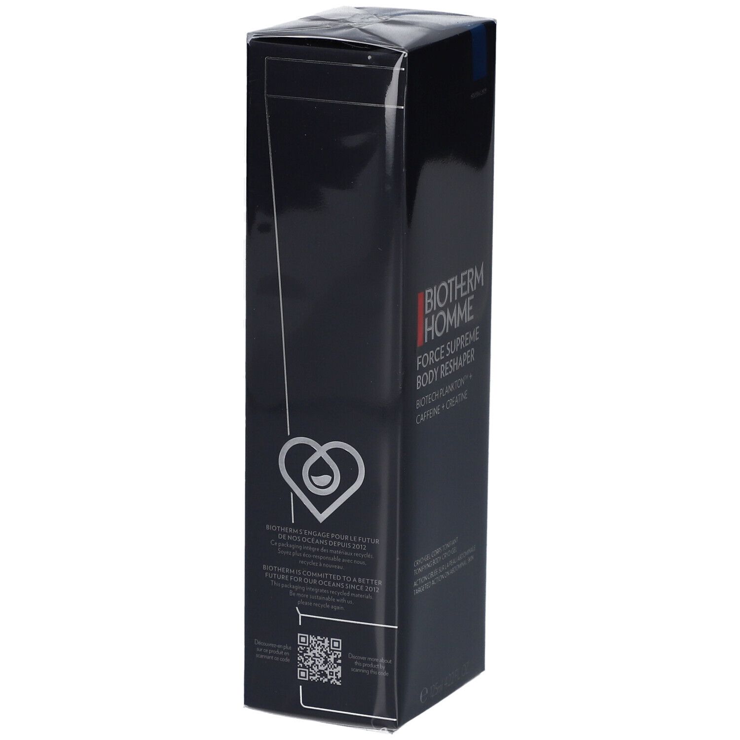 Schwarze Verpackung, Biotherm Homme Force Supreme Body Reshaper. Logo mit Herz. Text auf der Rückseite. Verpackung in Folie.