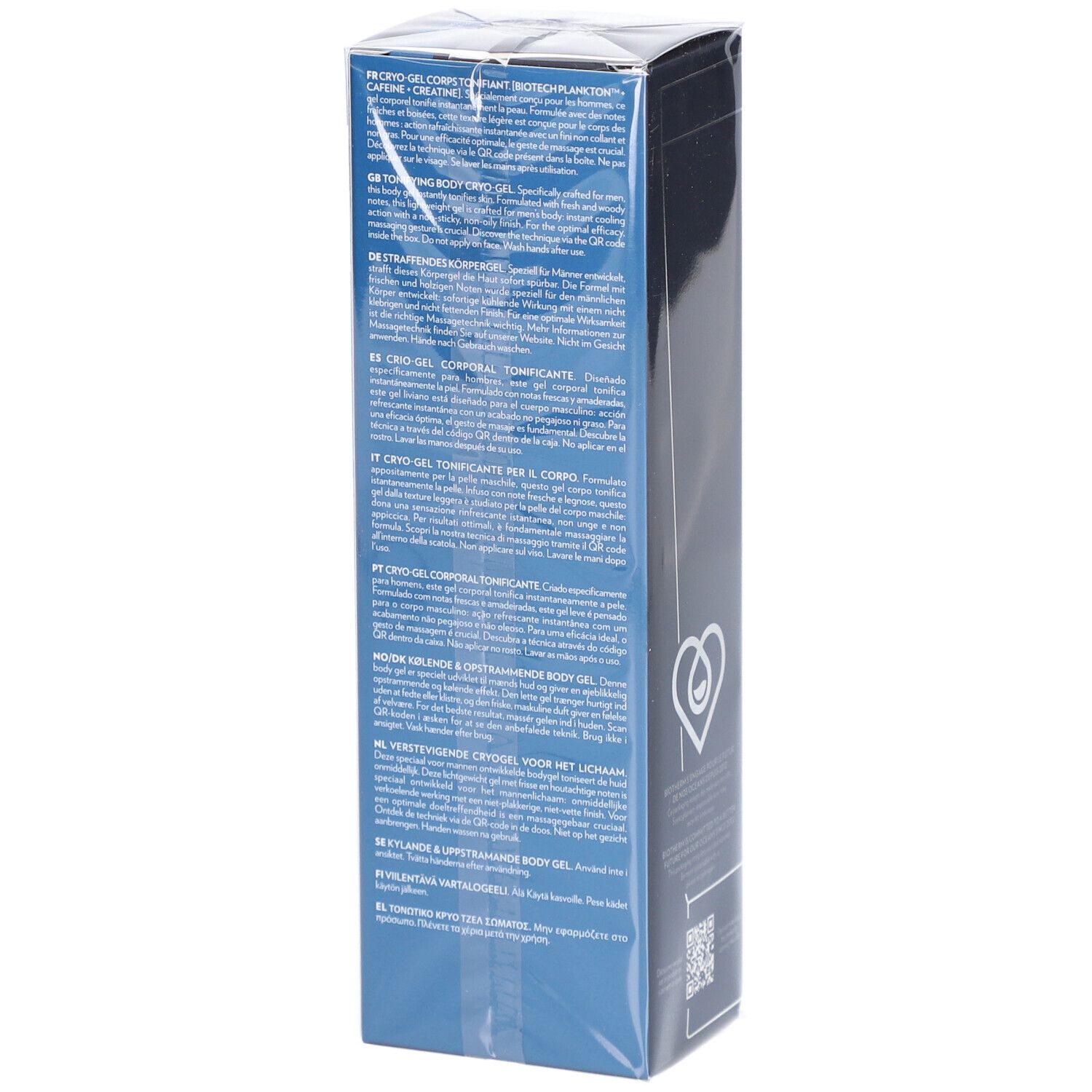 Verpackung mit Text in verschiedenen Sprachen. Biotherm Homme Force Supreme Body Reshaper. Enthält Biotech Plankton, Koffein und Kreatin.