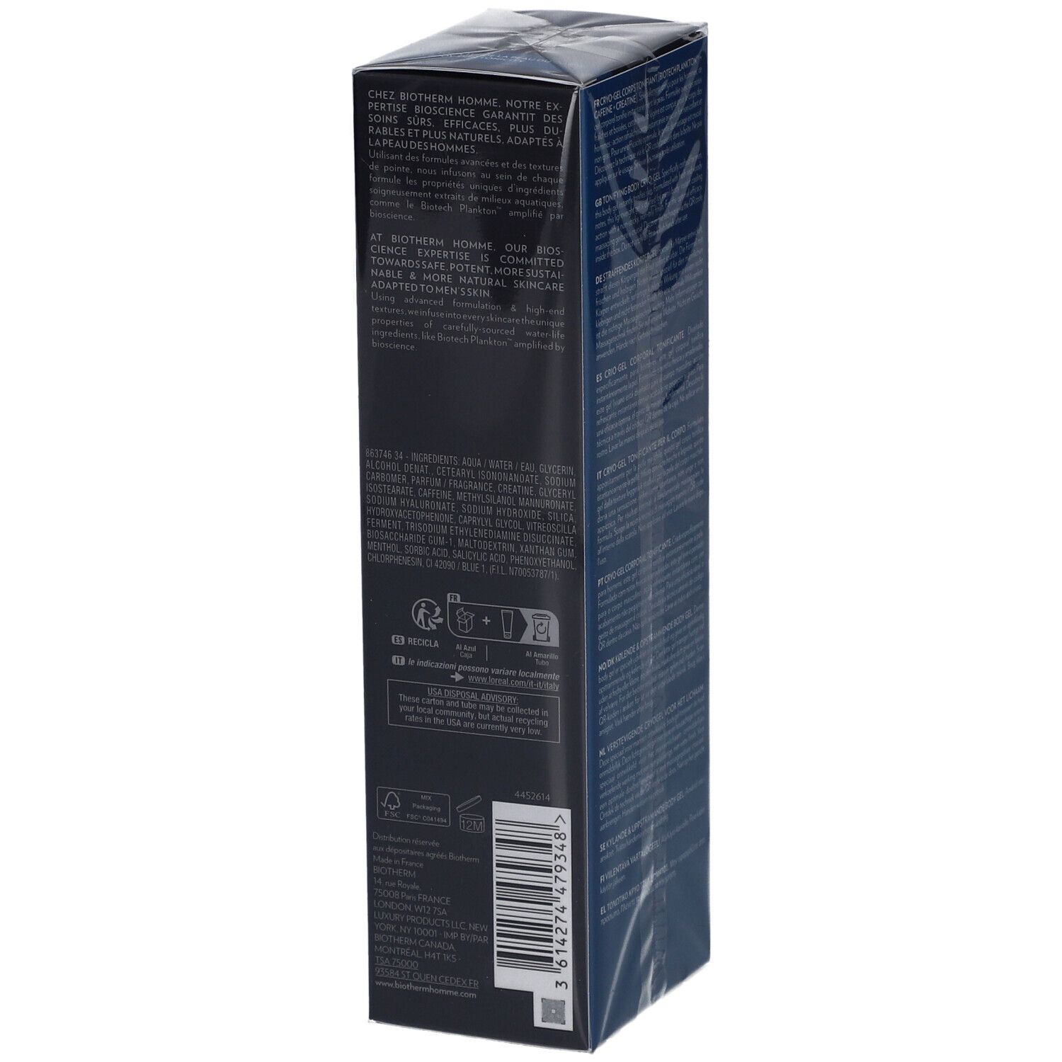 Verpackung mit Text in verschiedenen Sprachen. Biotherm Homme Force Supreme Body Reshaper. Barcode und Recycling-Symbole.
