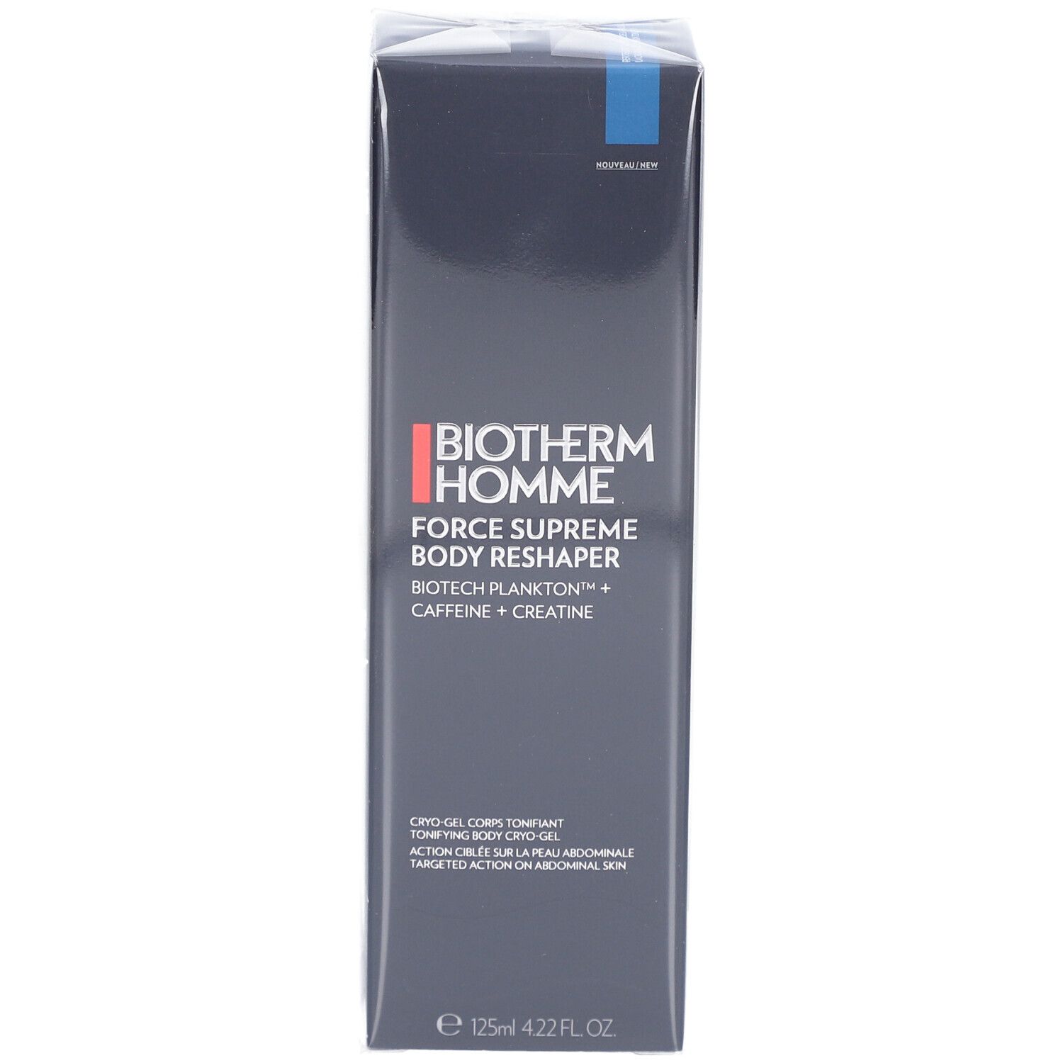 Schwarze Verpackung, Biotherm Homme Force Supreme Body Reshaper. Enthält Biotech Plankton, Koffein und Kreatin. 125ml.