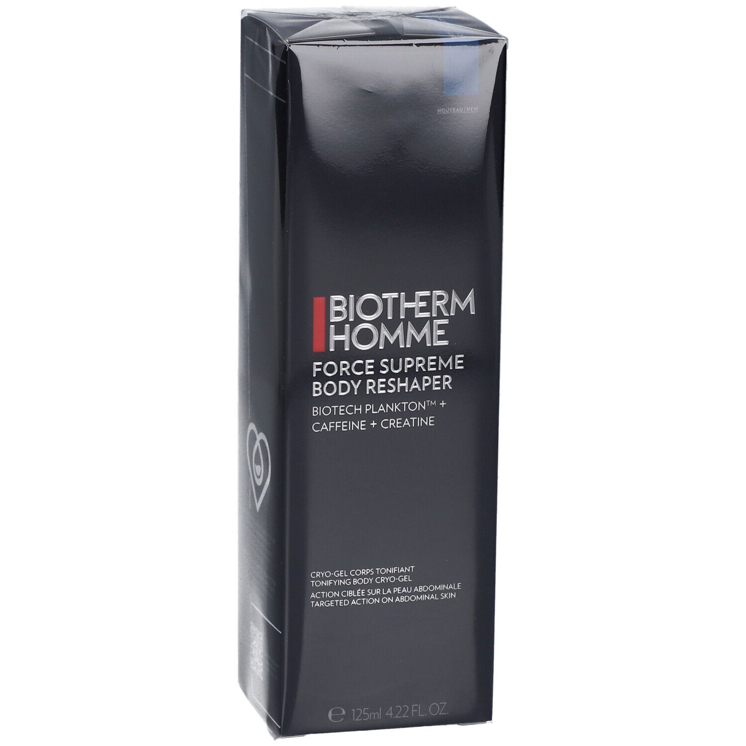 Schwarze Verpackung, Biotherm Homme Force Supreme Body Reshaper. Logo mit Herz. Enthält Biotech Plankton, Koffein und Kreatin.