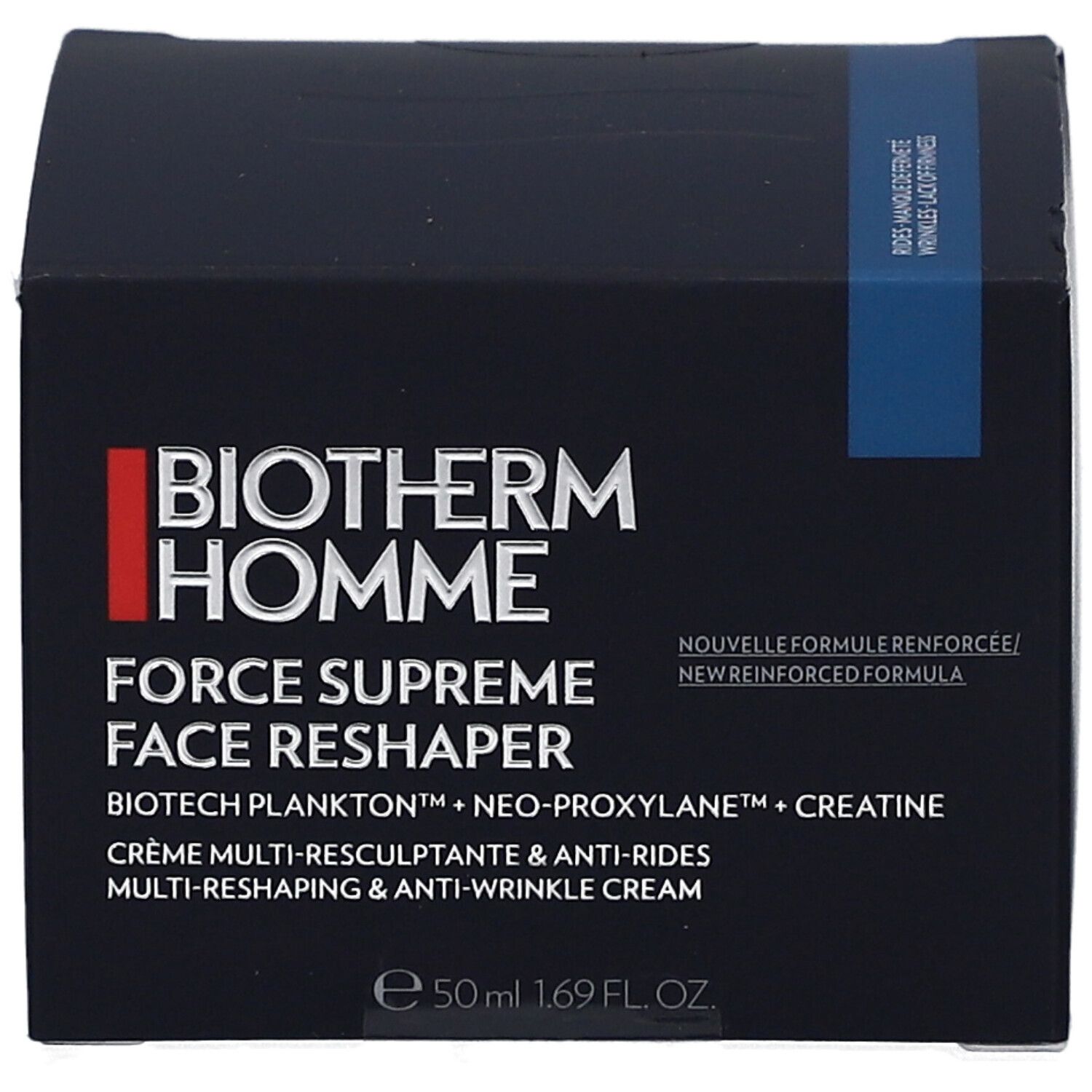 Dunkelblaue Schachtel mit Produktnamen und -details. Aufschrift: Biotherm Homme Force Supreme Face Reshaper.