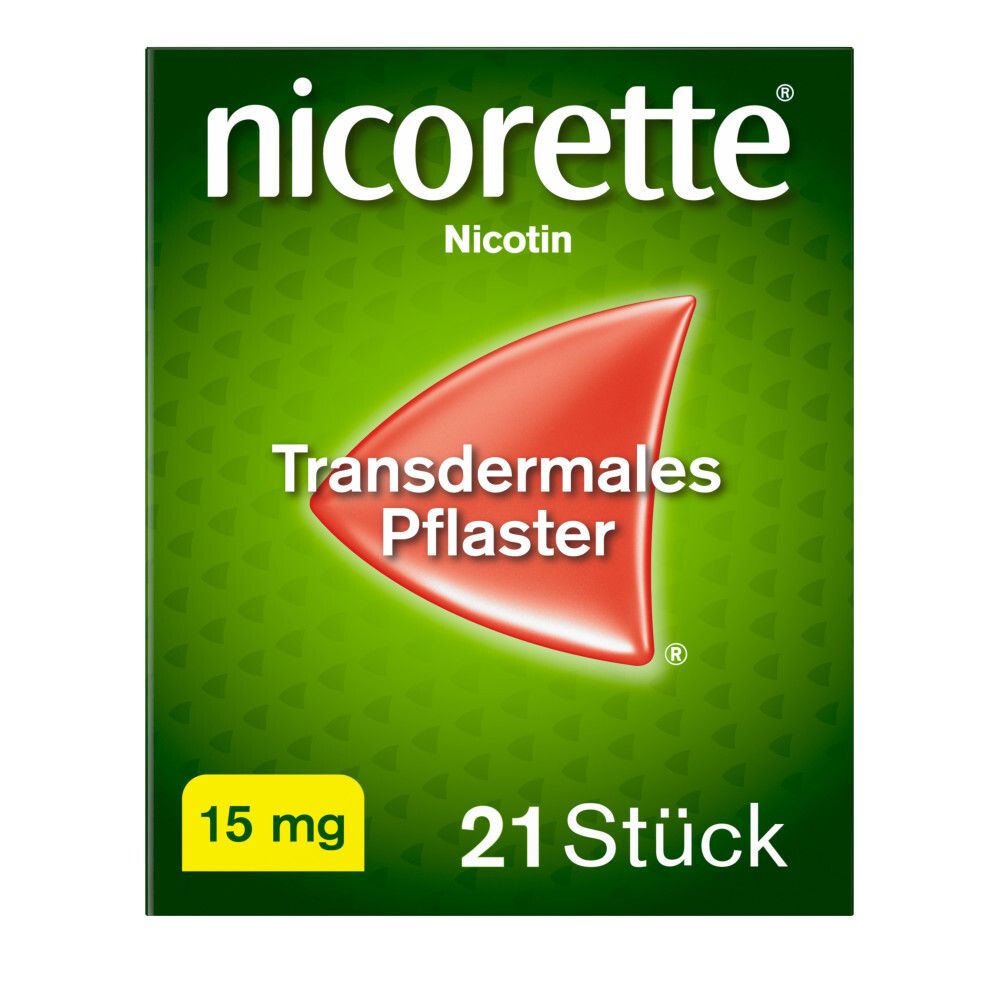 Grüne Schachtel mit Nicorette-Logo und rotem Pflaster-Symbol. Text: 15 mg, 21 Stück, Transdermales Pflaster.