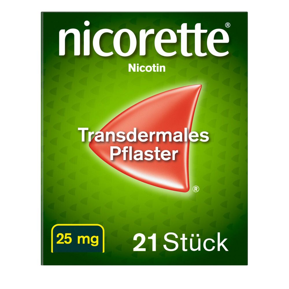 Grüne Schachtel mit Nicorette-Logo, rotem Pflaster-Symbol und Text. Enthält 21 Pflaster mit 25 mg Nikotin.