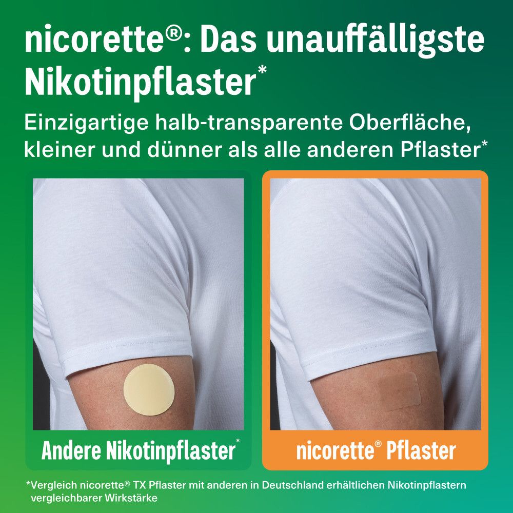 Vergleich von Nikotinpflastern. Links: Anderes Pflaster. Rechts: Nicorette Pflaster. Beide am Arm.