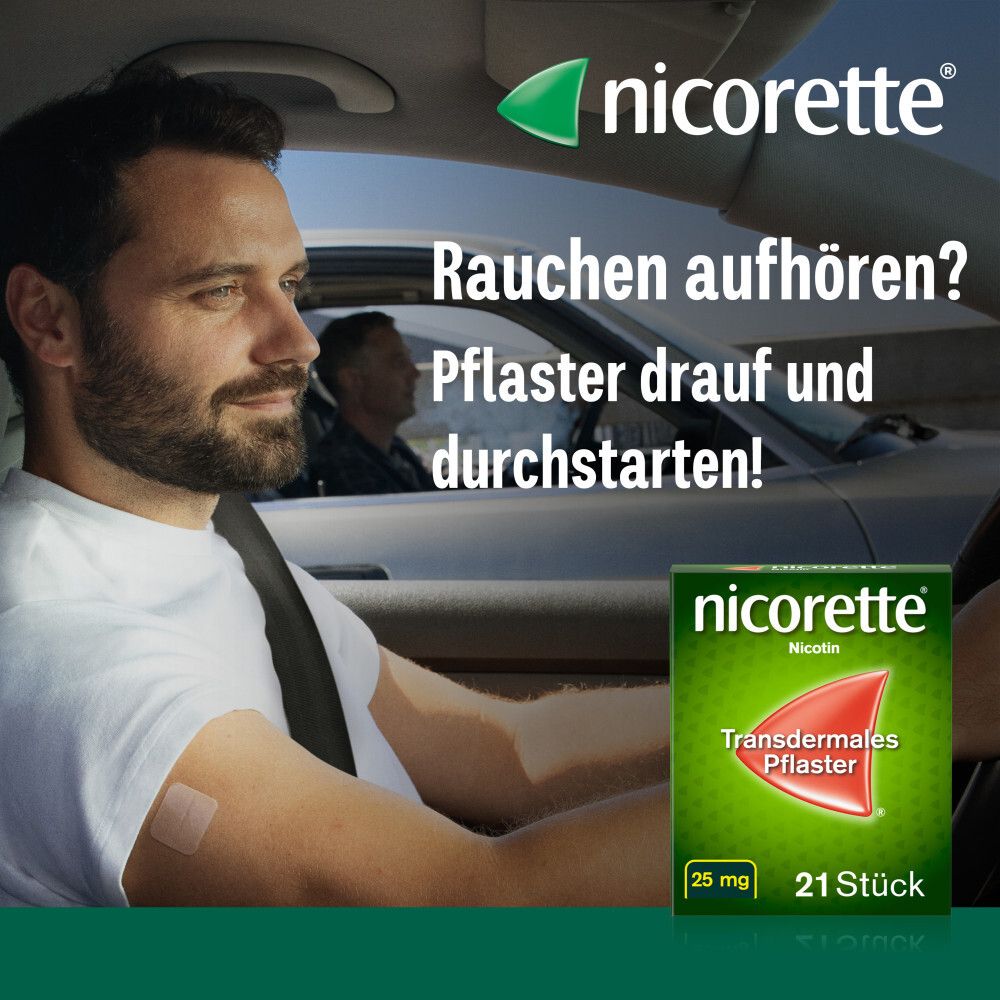 Mann im Auto mit Pflaster am Arm. Nicorette-Packung im Bild. Text: Rauchen aufhören? Pflaster drauf!