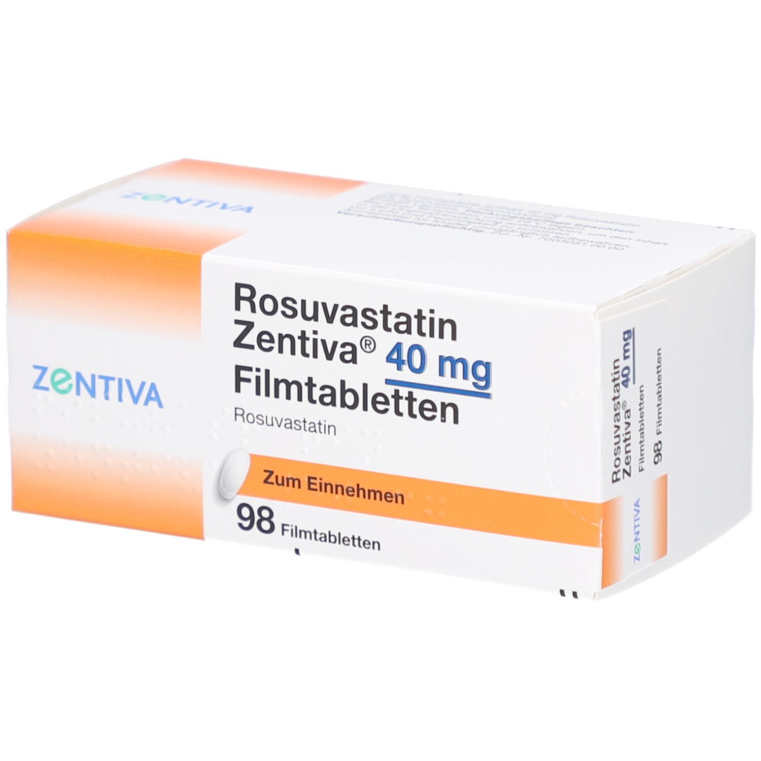 Rosuvastatin Zentiva 40 mg Filmtabletten-Packung. Enthält 98 Filmtabletten. Orangefarbene Akzente und Zentiva-Logo.