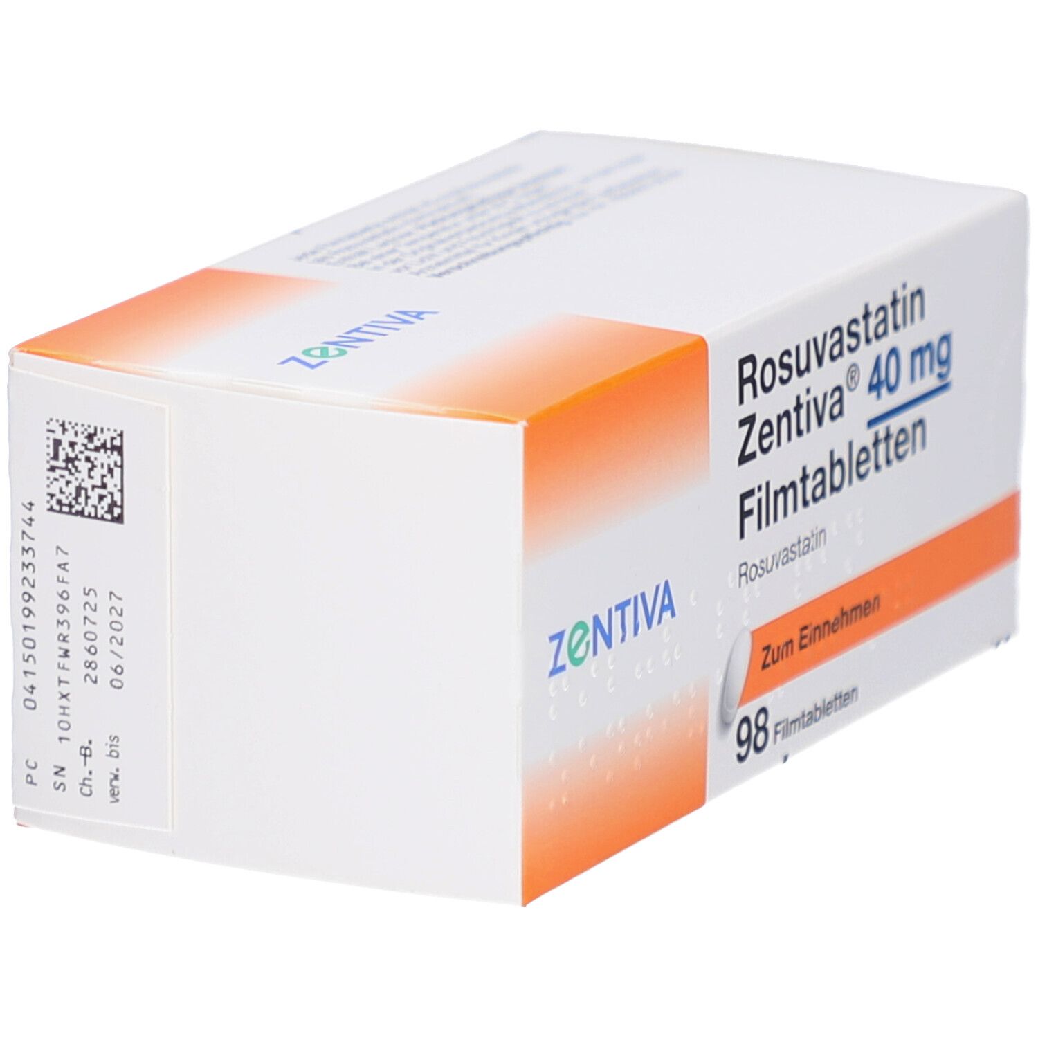 Rosuvastatin Zentiva 40 mg Filmtabletten-Packung. Rückseite mit Barcode und Chargennummer. Zentiva-Logo.
