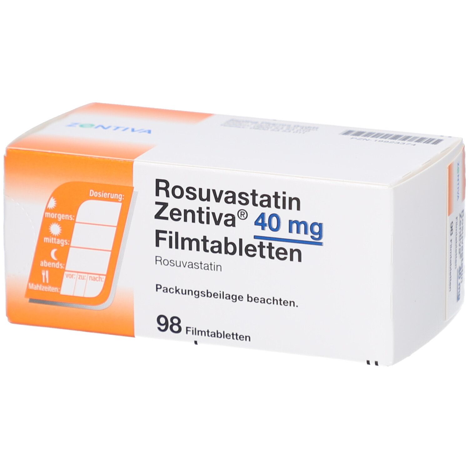 Rosuvastatin Zentiva 40 mg Filmtabletten-Packung. Enthält 98 Filmtabletten. Mit Dosierungsanleitung. Zentiva-Logo.