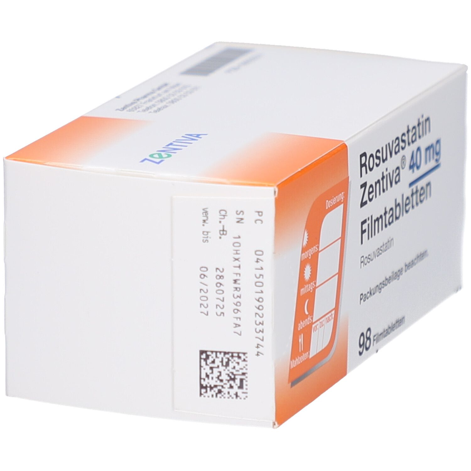 Rosuvastatin Zentiva 40 mg Filmtabletten-Packung. Rückseite mit Barcode und Dosierungsanleitung. Zentiva-Logo.