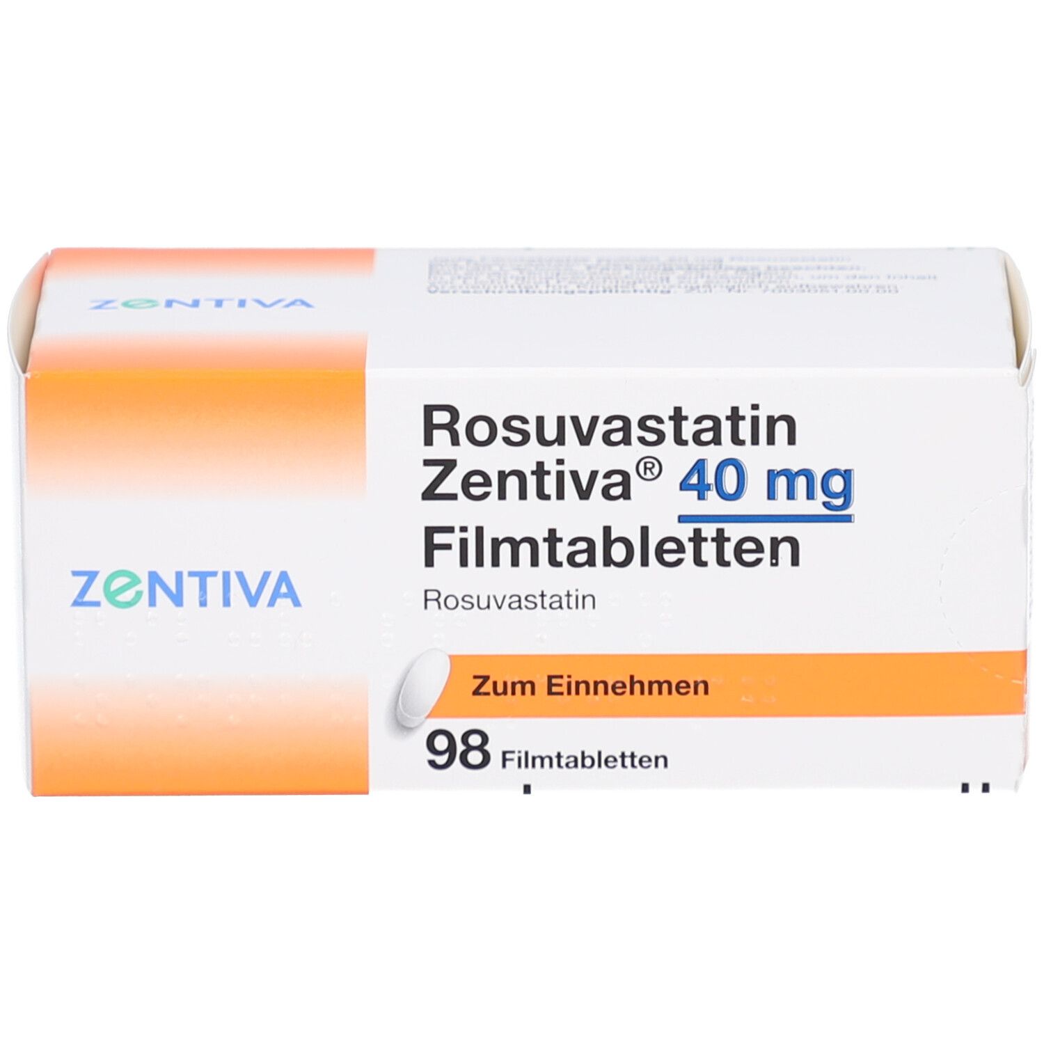 Rosuvastatin Zentiva 40 mg Filmtabletten-Packung. Enthält 98 Filmtabletten. Mit Tablette. Zentiva-Logo.