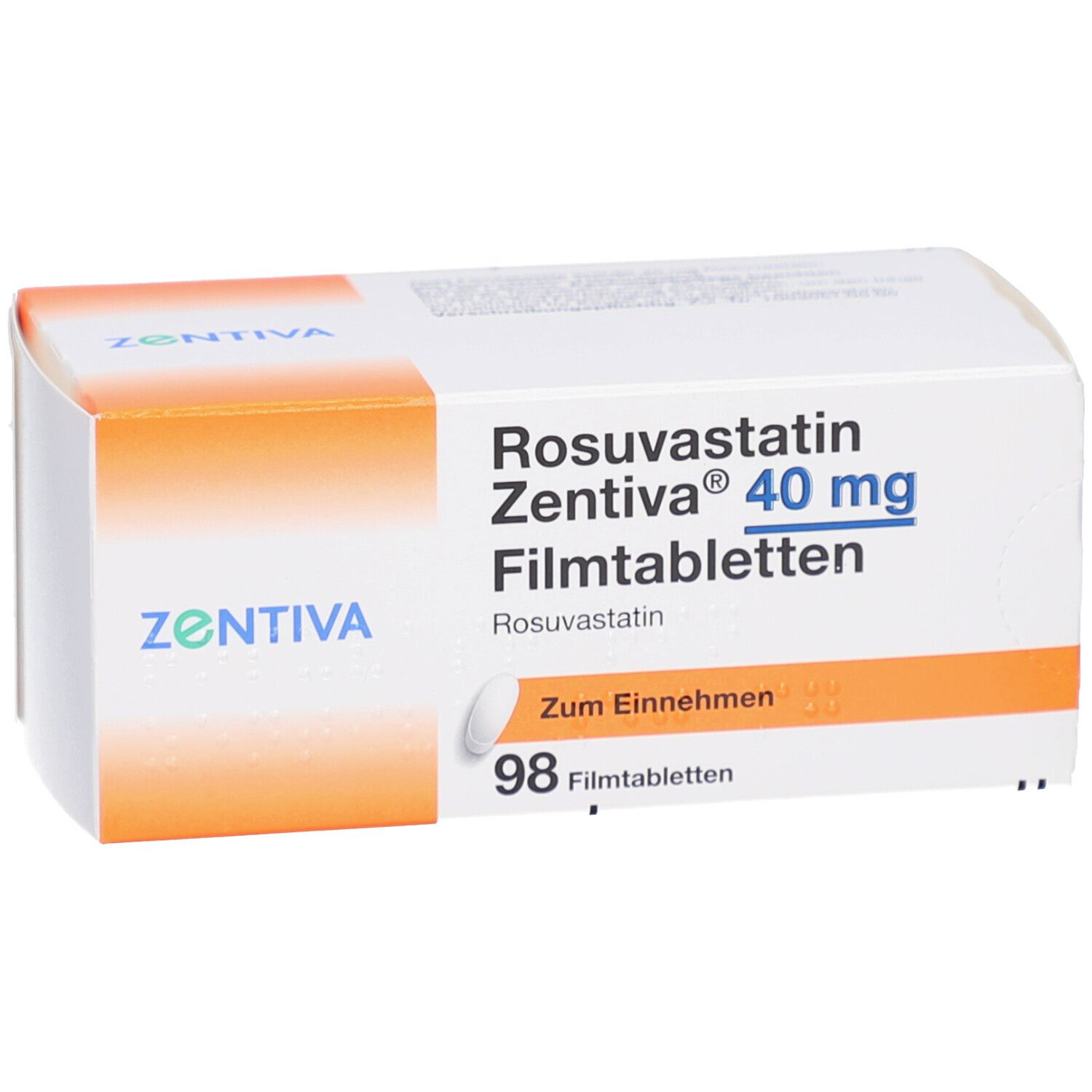 Rosuvastatin Zentiva 40 mg Filmtabletten-Packung. Enthält 98 Filmtabletten. Mit Tablette. Zentiva-Logo.