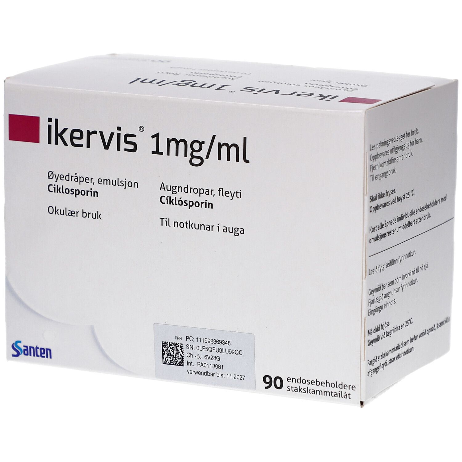 Weiße Schachtel mit IKERVIS 1mg/ml Aufschrift. Enthält 90 Einzeldosispipetten. Santen Logo.